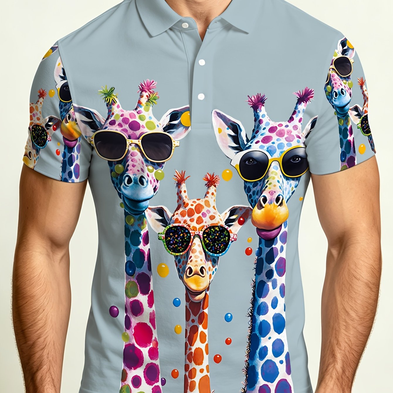 TEMU Men's Shirt, Light Blue With Colorful Giraffe Print, Short Sleeve Casual Summer Golf Apparel, Fun Animal Design, Suitable For Outdoor Activities