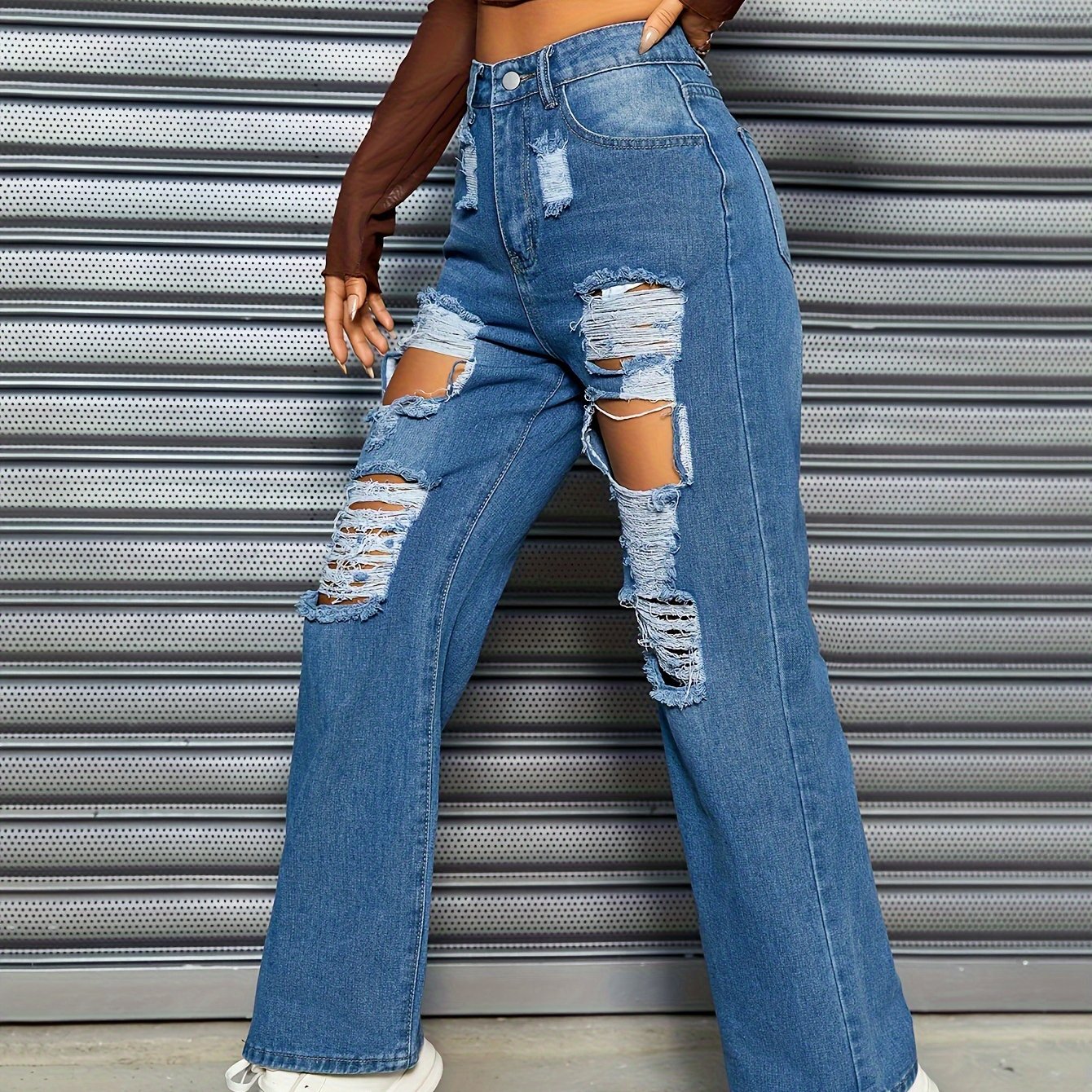 ripped high rise loose fit denim pants washed blue distressed casual straight leg jeans womens denim jeans clothing