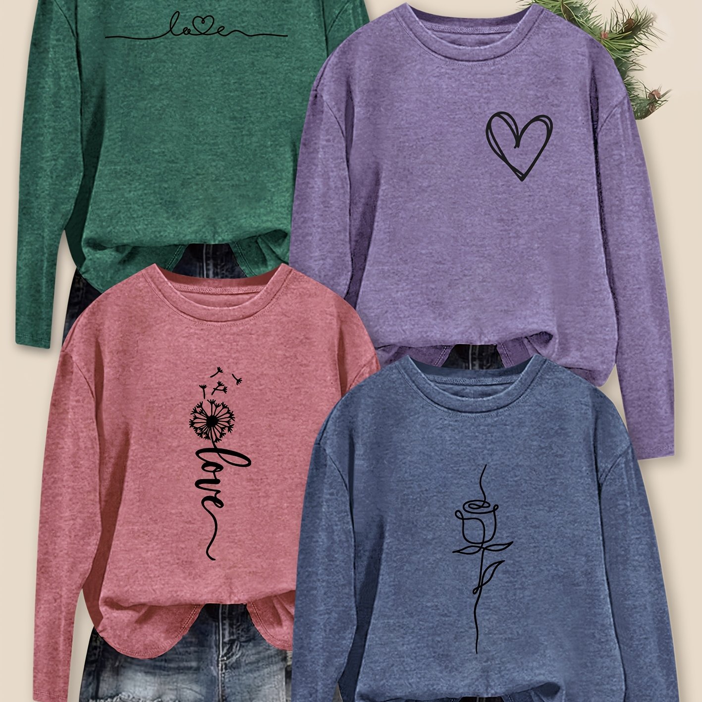 TEMU Set Of 4 Long-sleeve T-shirts For Women Featuring A Round Neck With A Fashionable Dandelion Print, Suitable For Spring, Summer, Autumn, And