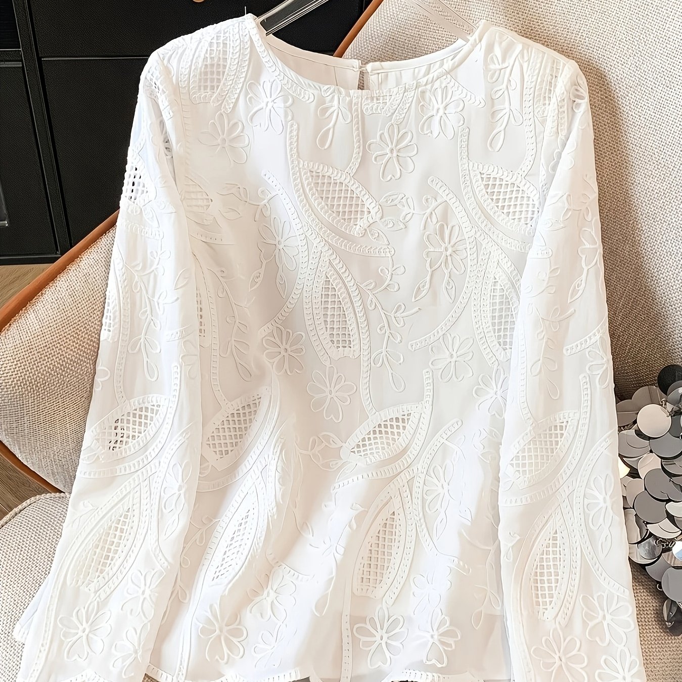TEMU Women's Elegant Hollow-out Embroidered Blouse With Scalloped Edges - Round Neck Long Sleeve Non-stretch Top, Breathable Suitable For Office,