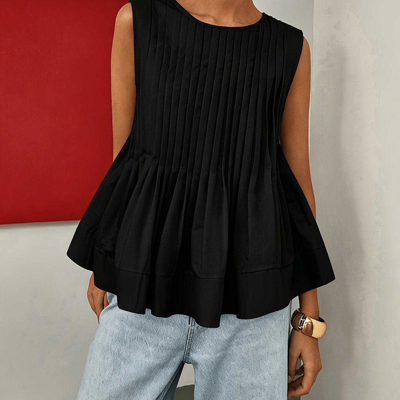 TEMU Fashion Heavy-duty Pleated Design Round Neck Sleeveless Shirt Vest Top For Women