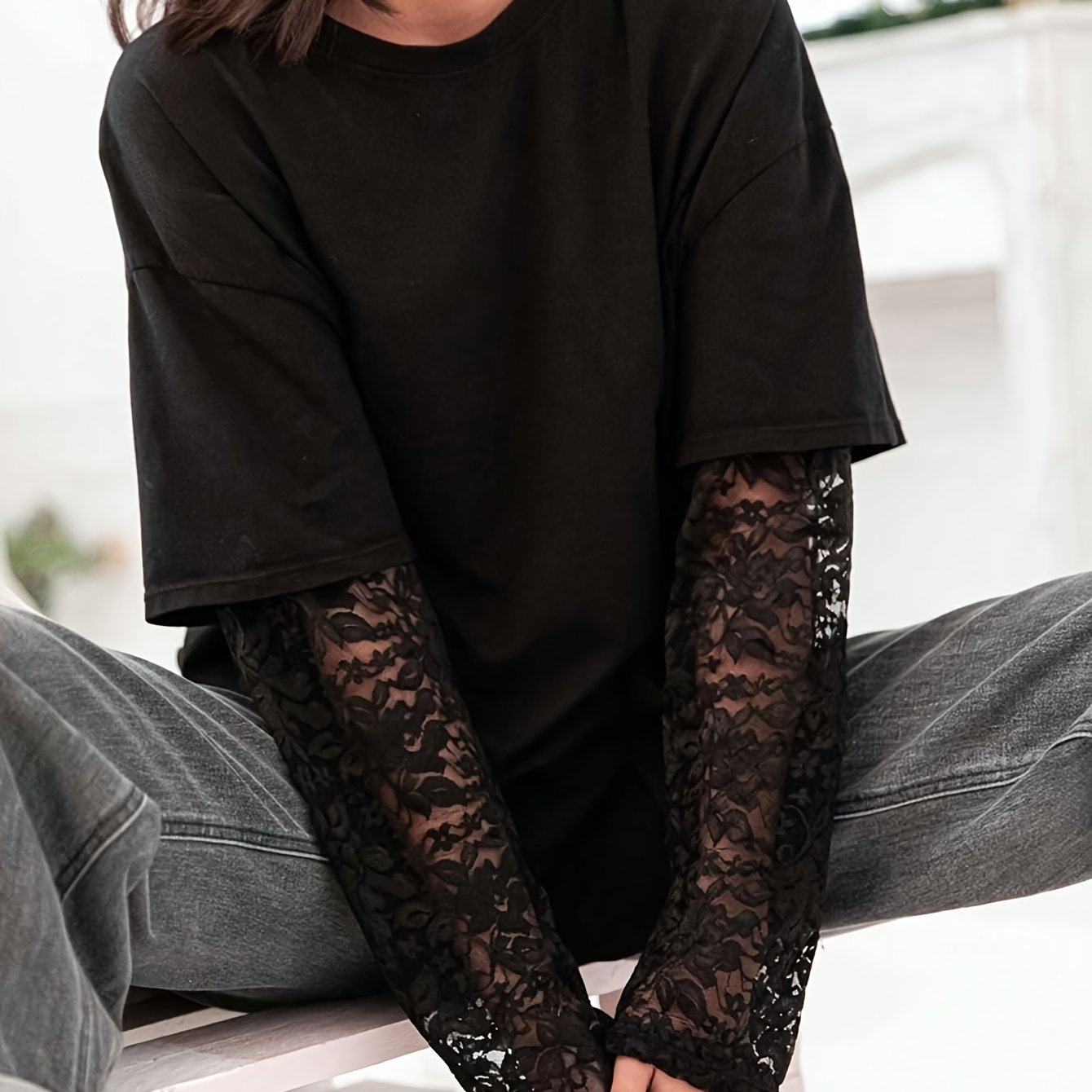 E-shop Lässiges Damen Patchwork Spitzen Langarm Regular T-Shirt