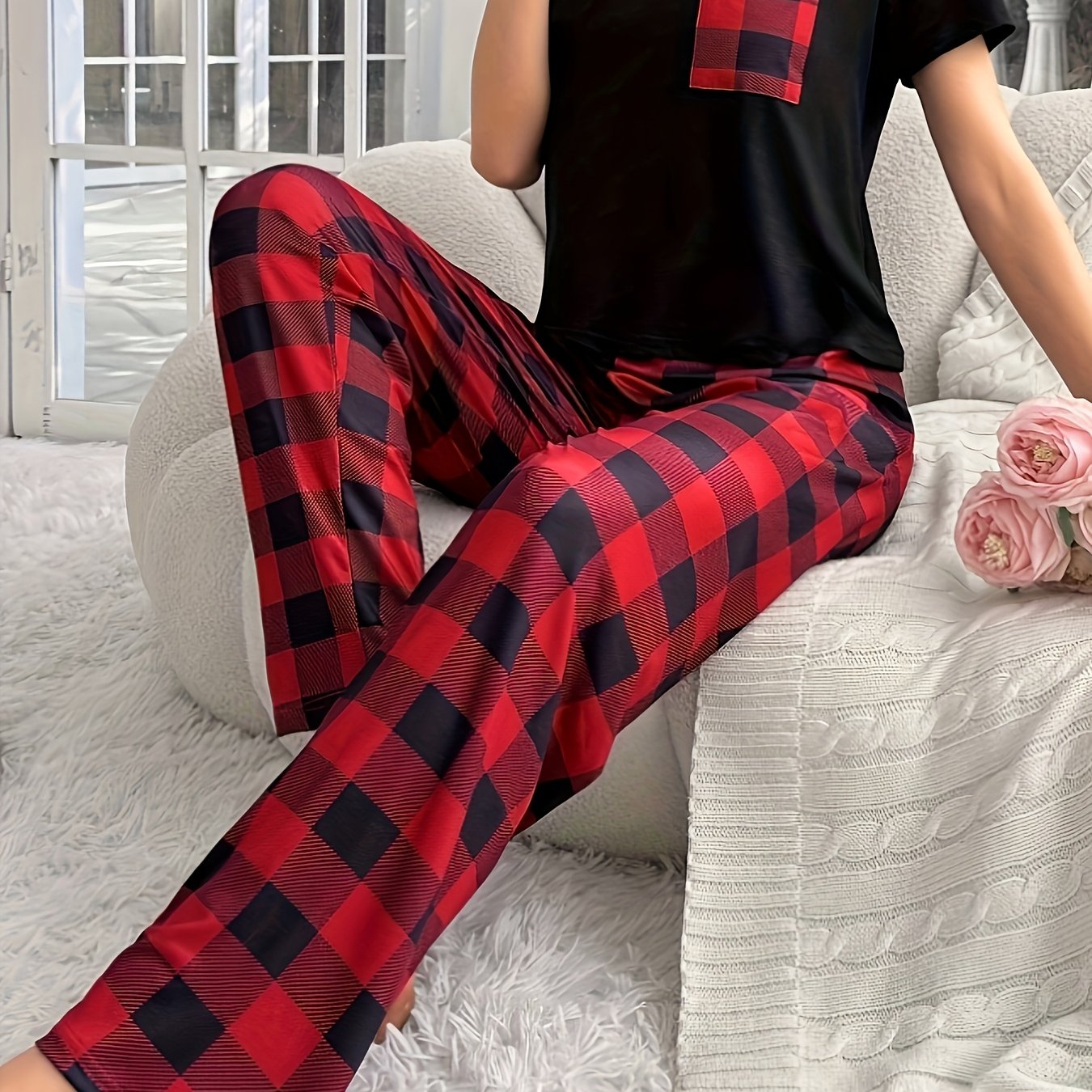 TEMU Casual Women's Black Red Checkered Pocket Short Long Pajama Set