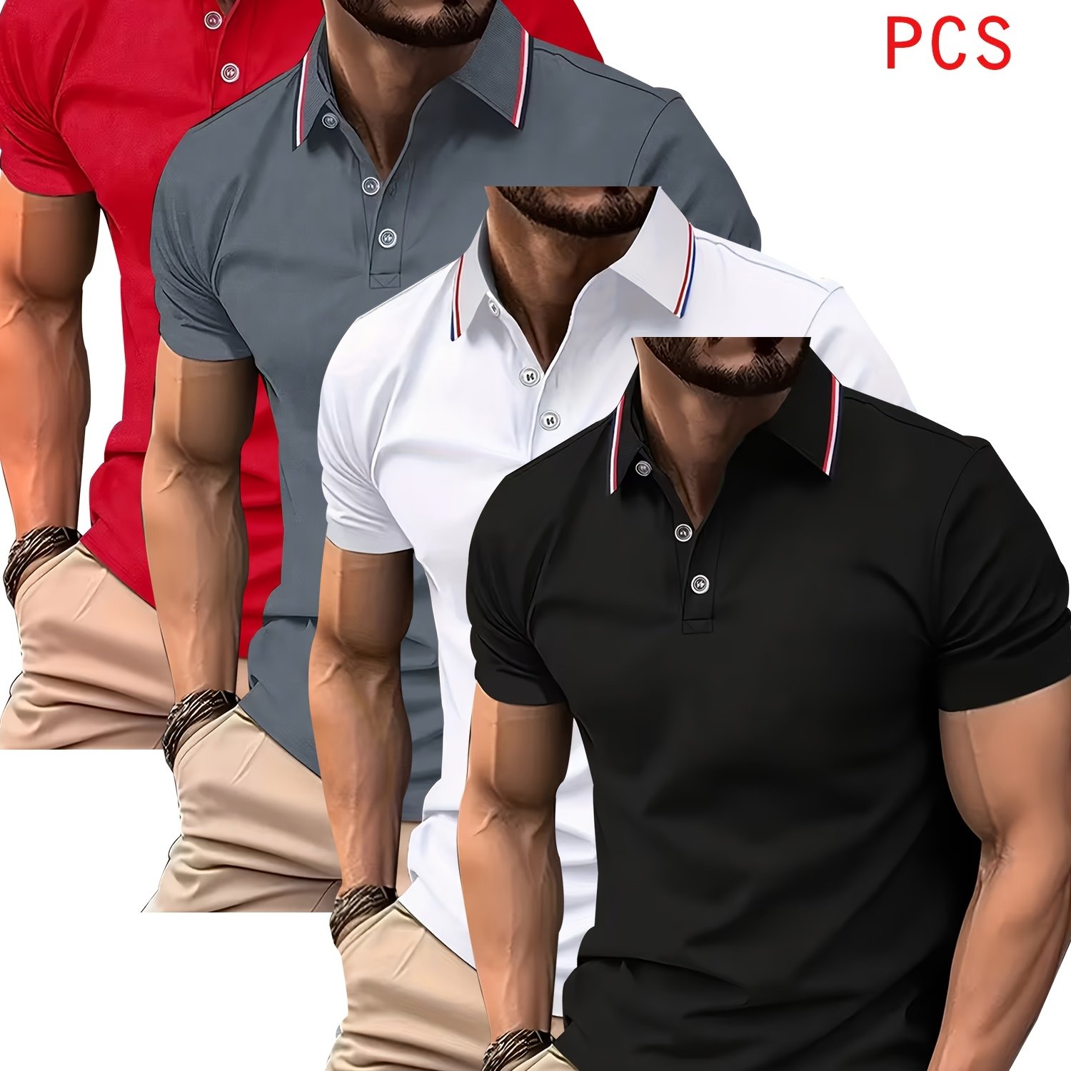 TEMU Striped Shirt Set Of 4, Red, White, And Blue Contrasting Stripes With Three-button Collar, Breathable Quick-dry Golf Casual Shirt, Lightweight