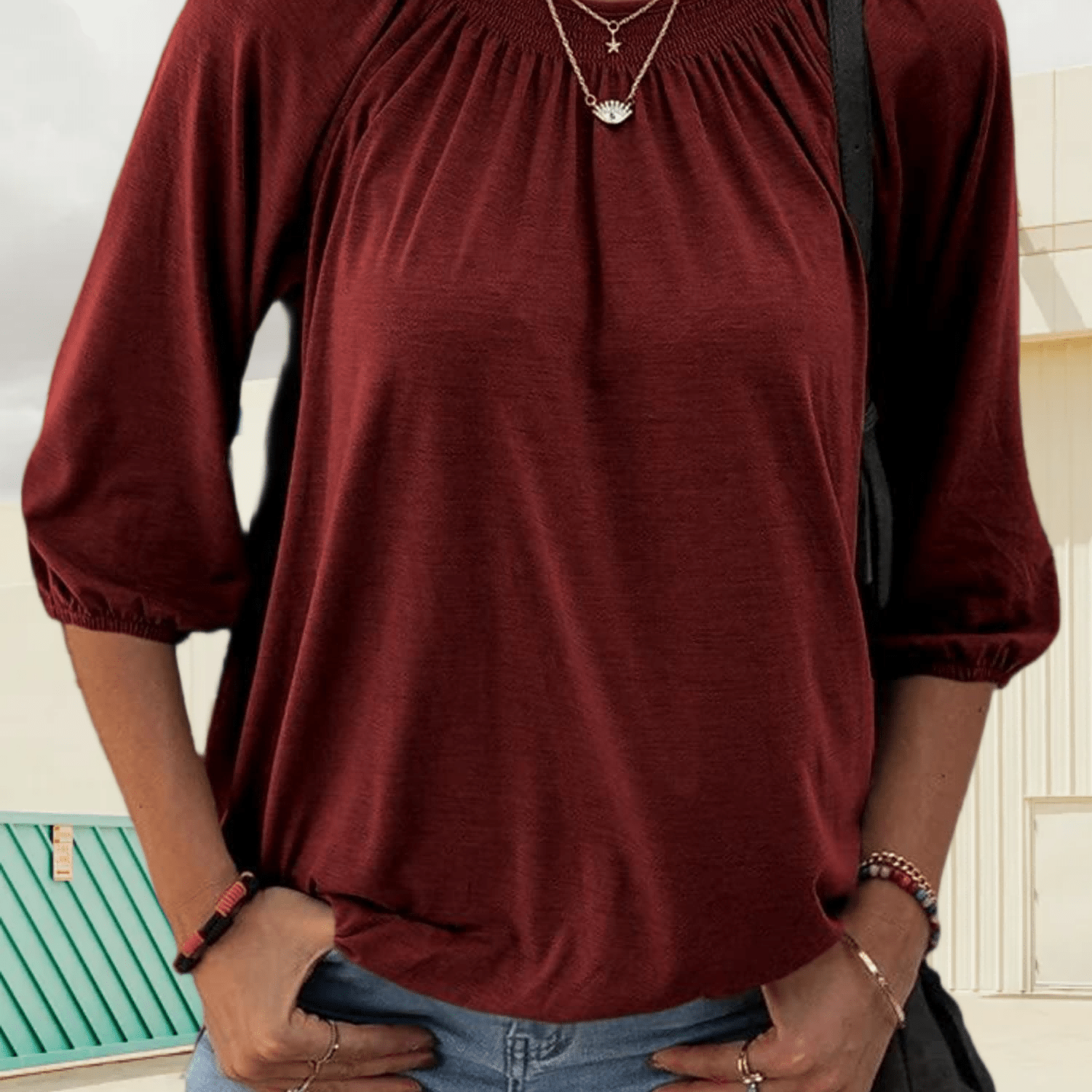 Image of Women's Pleated T-shirt - 3/4 Sleeve Crew Neck Loose Fit Basic Casual Top