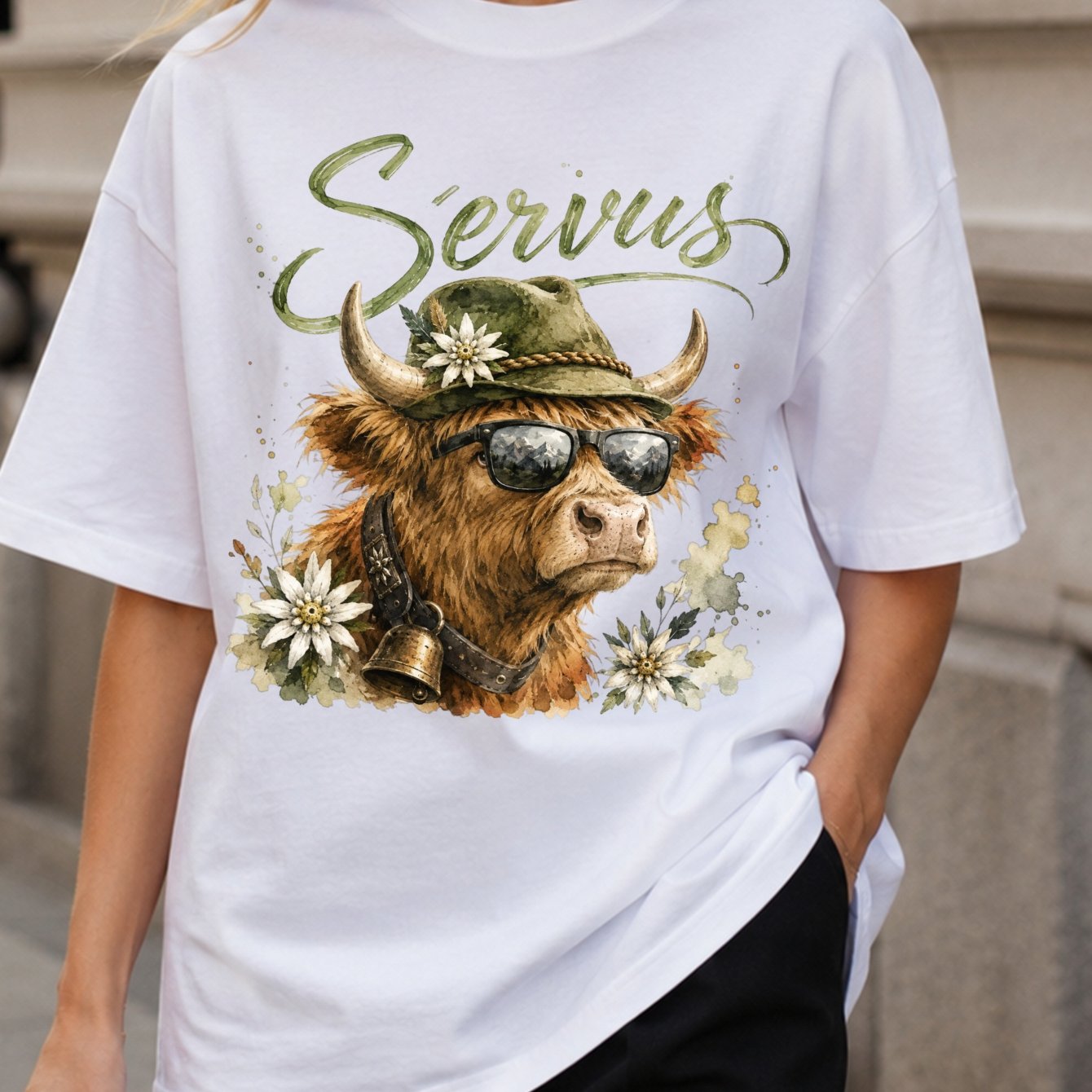 Image of Women's Servus Highland Cow T-shirt - Alpine With Horned Cow, & Botanical Print, Casual - -compatible For Body Types (machine Washable) For -themed Outfits
