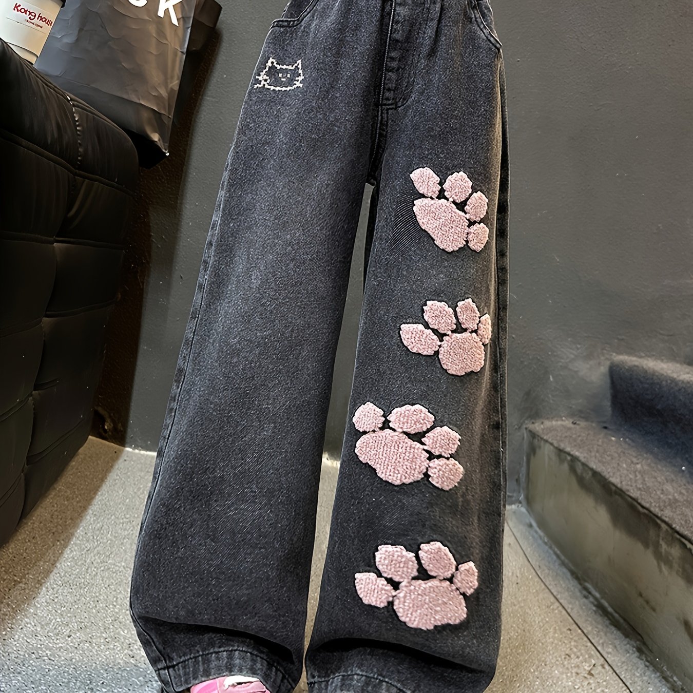 Image of Girls Y2k Jeans, Teen Washed Denim, Loose-fitting Trendy And Versatile Jeans, Elastic Waist, Comfortable And Soft Fabric Suitable For , Back-to- Trousers, Skateboarding And Roller Skating Trendy Pants