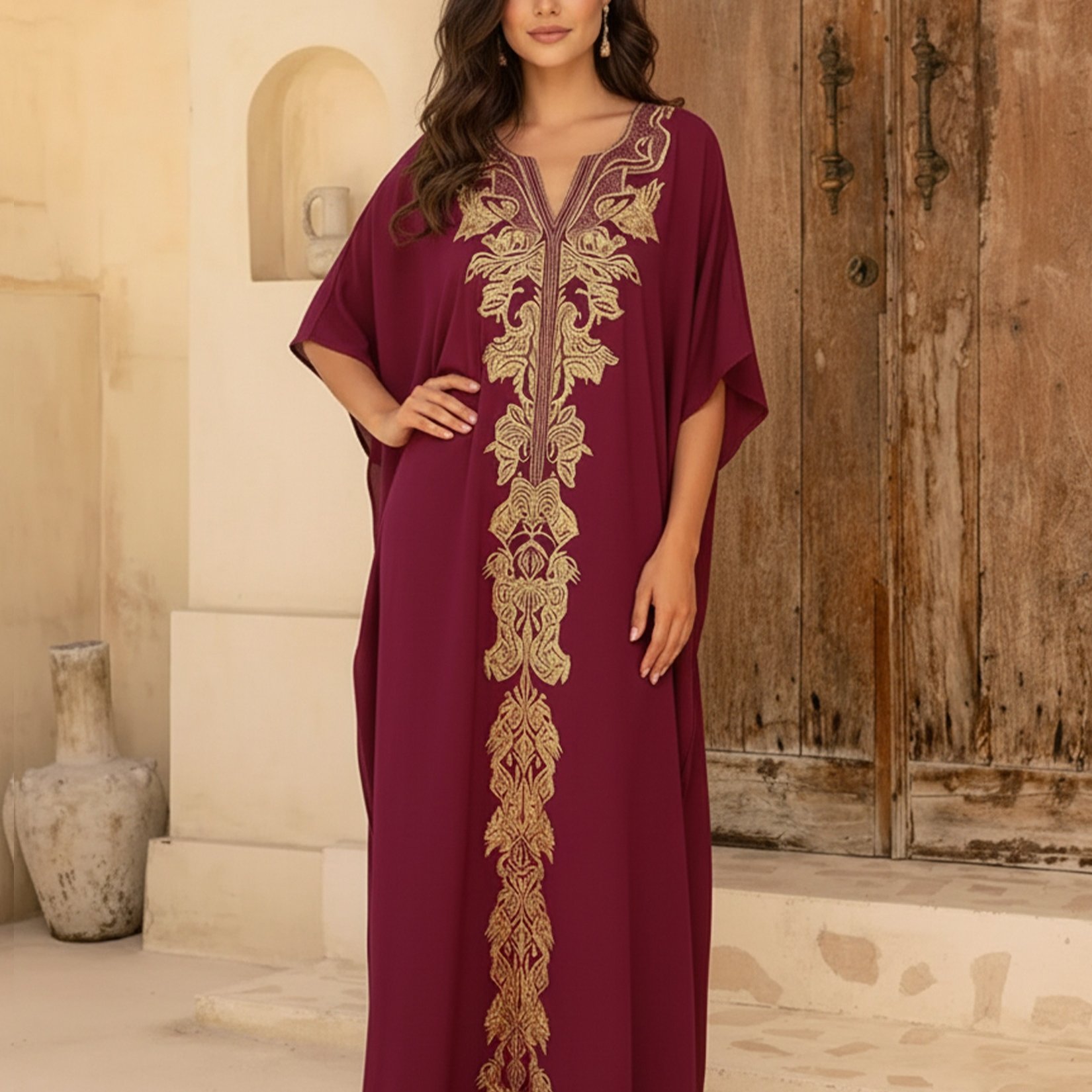 TEMU Luxury Golden Embroidered Maxi Dress Women's Loose Fit Burgundy Sexy V-neck Flowy Robe Beach Vavation Cover Up Q1808