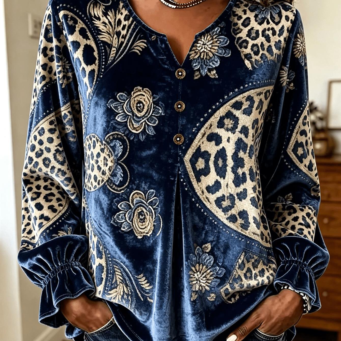 Image of Plus Size - Women's Paisley Leopard Floral Print Velvet Henley Blouse, Notched V-neck Cuffs Long Sleeve Pleated Front Loose Fall Casual Daily Wear Shirts