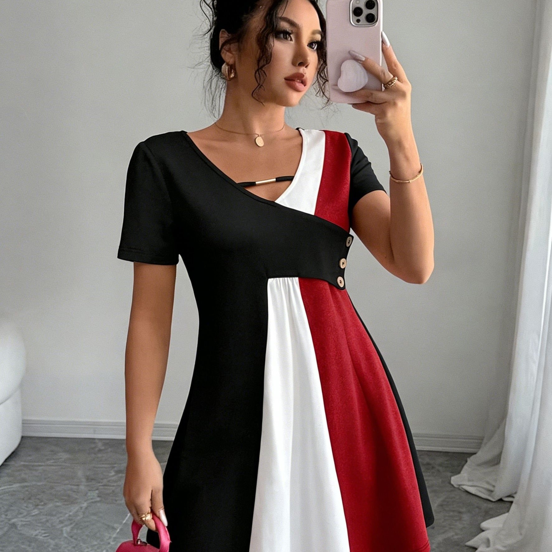 TEMU Women's Color Block Dress With V-neck, Metallic Accent Buttons, And A-line Waist-cinching Short Skirt