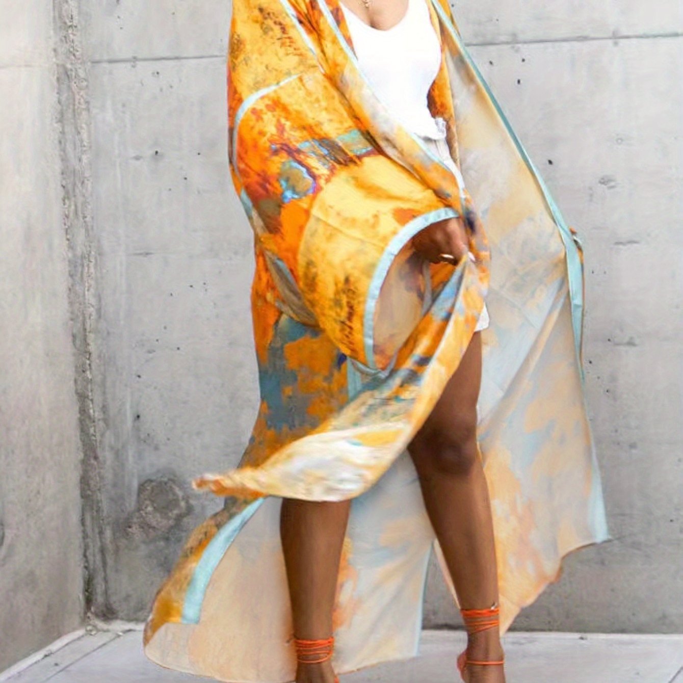 TEMU Boho Size Kimono Cardigan - Vibrant Tribal Print, Lightweight Summer Beach Cover-up, Machine Washable, Women's Casual Poncho Dress