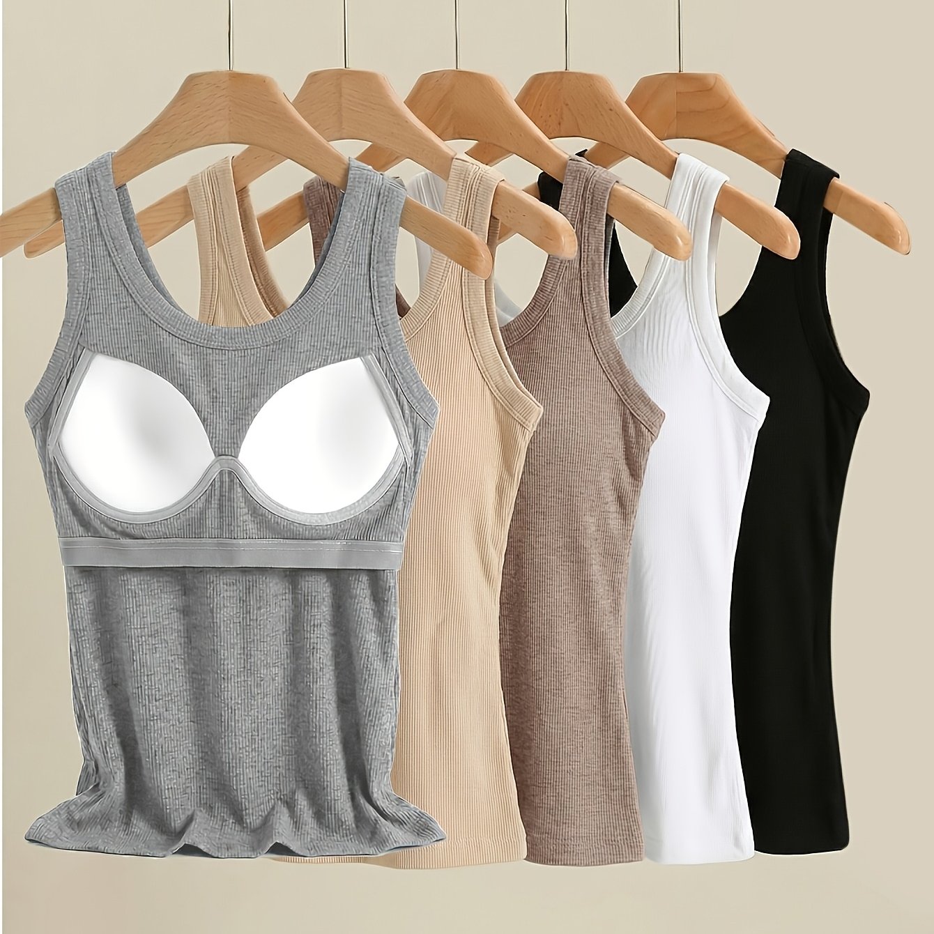 Image of 5pcs Seamless U-shaped Back Texture Vest, Women's Sleeveless Low Round Neck Ribbed Vest Slim Basic Camisole T-shirt, Built-in Bra Design, Solid Color Slim , Suitable For Innerwear To Outerwear