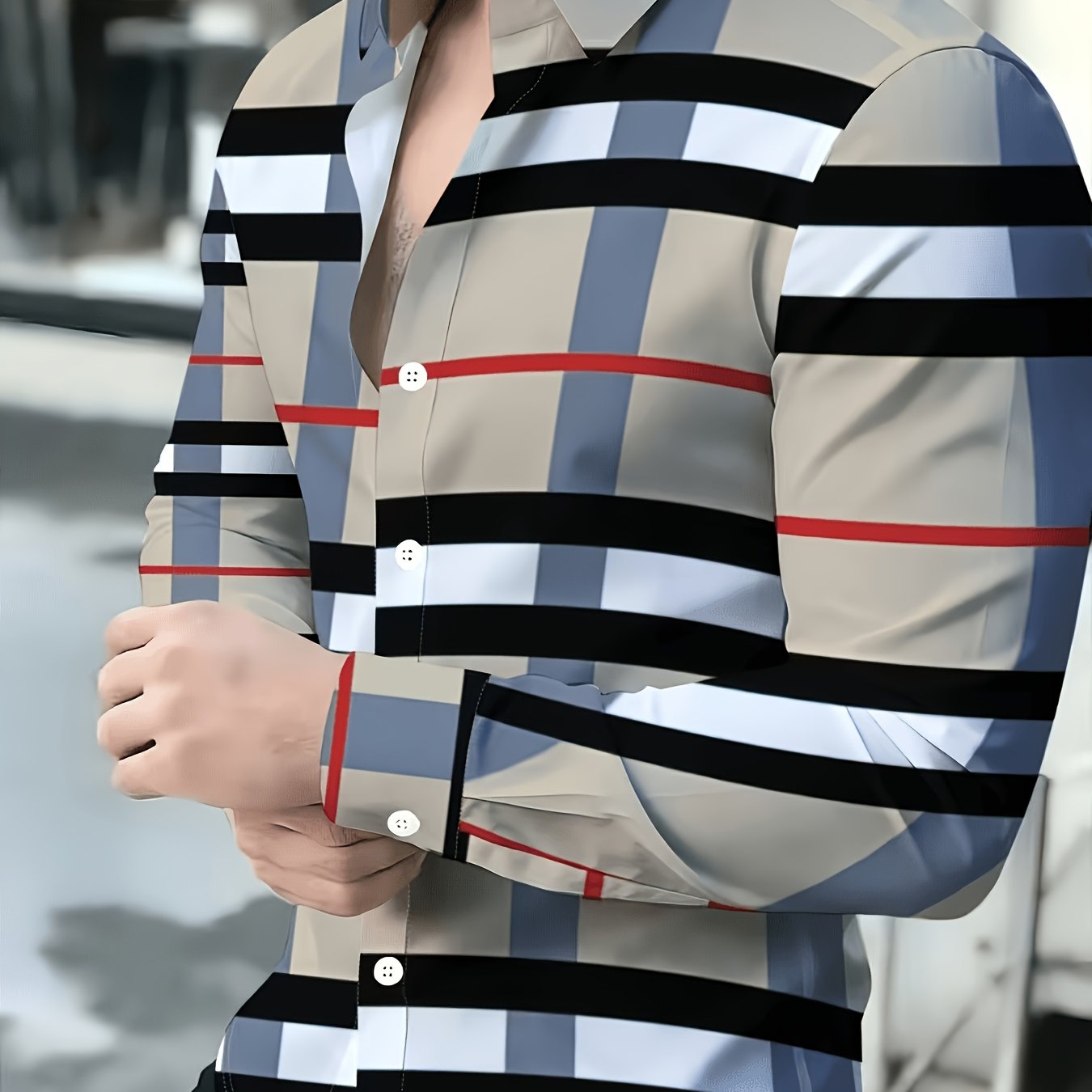 TEMU Men's Random Long Sleeve Button-up Shirt, Regular Fit, Lightweight And Breathable, Summer Casual Top