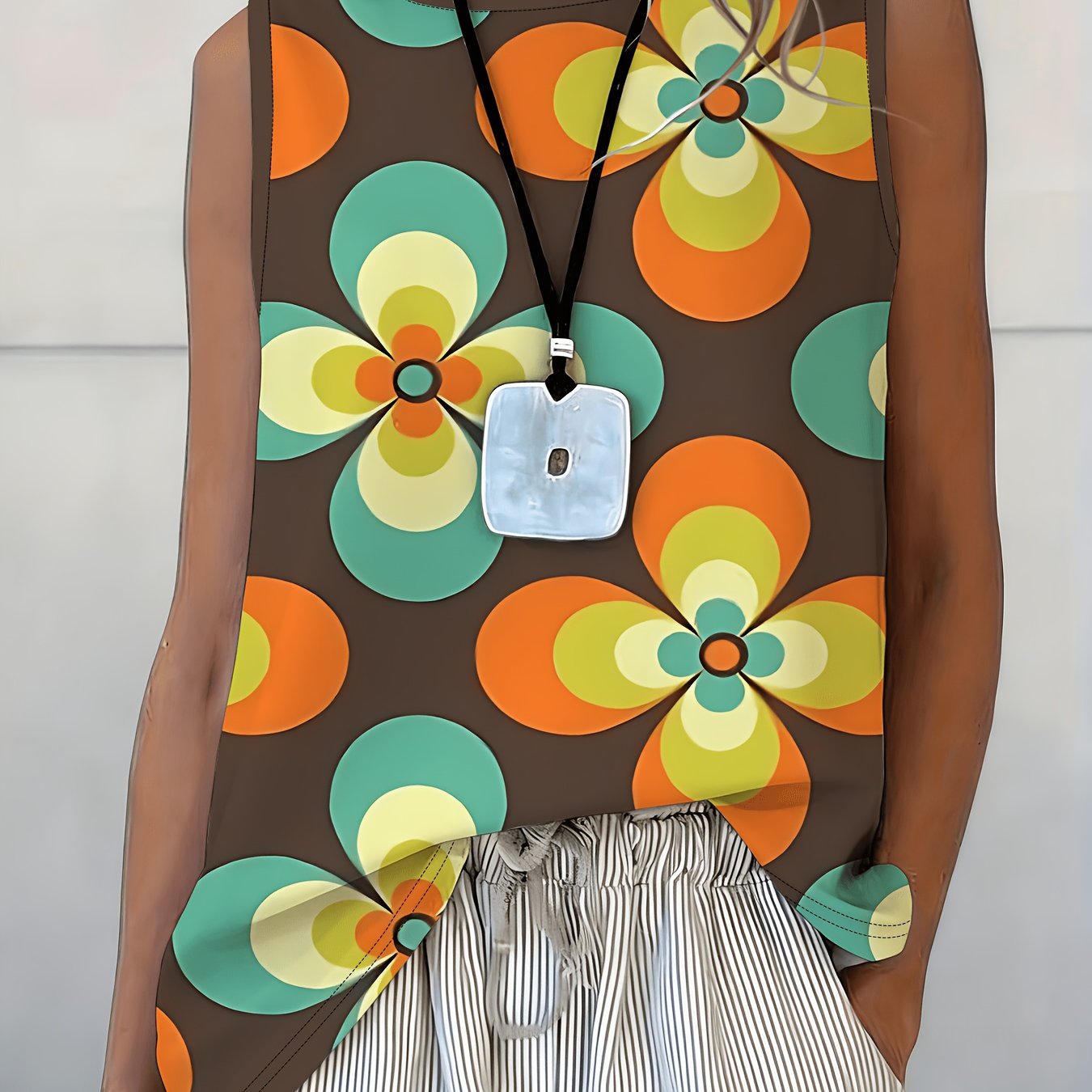 TEMU Women's Round Neck Sleeveless Vest Top, Retro Geometric Floral Print, Soft And Comfortable, Casual Daily Wear