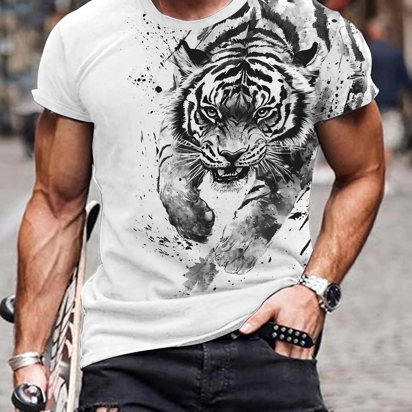 TEMU T-shirt Homme Imprimé Tigre 3D - Vêtement Décontracté Streetwear Manches Courtes, Blanc avec Design et , T-shirt d'Été Confortable en Polyester