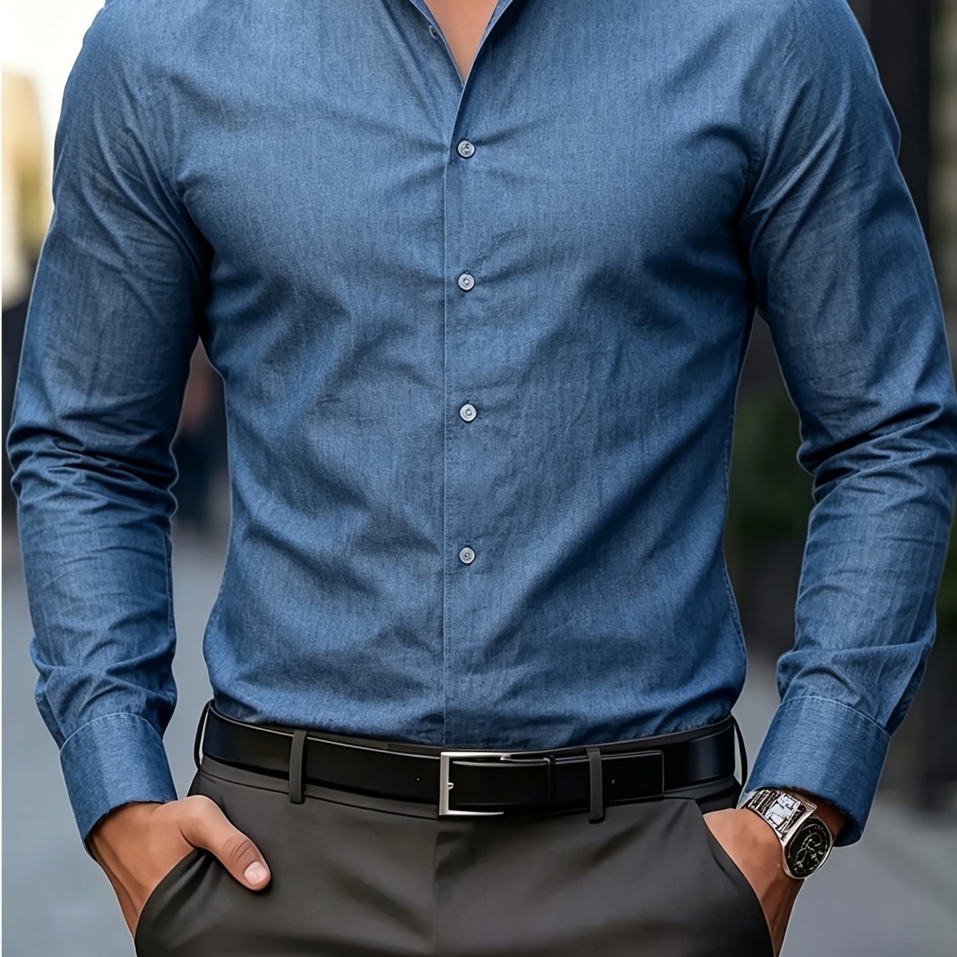 TEMU Men's Denim Blue Digital Printed Polyester Long Sleeve Button Shirt, All Season Business Casual Daily Wear Versatile Office Top