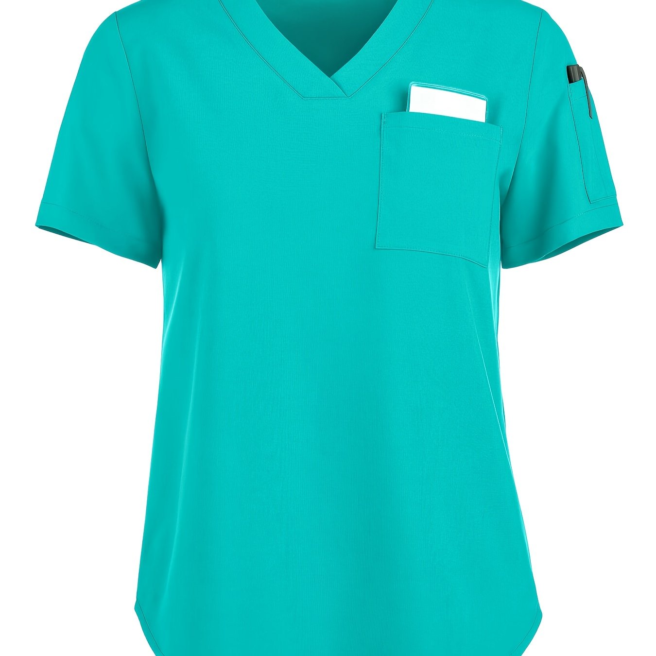 TEMU Bequeme Teal V-Ausschnitt Scrubs mit Tasche - Lässiger Polyester- und Spandex-Mix, Kurzarm, Taille-Schnür-Design, Ideal für , Scrubs|Lässiger