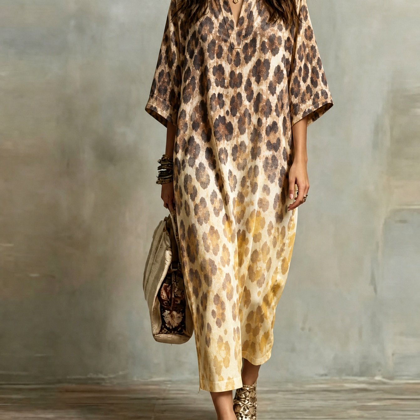 Plus Size - Gradient Yellow Vintage Leopard Print Lapel -sleeve Loose Maxi Dress, -friendly Retro Wild Casual Vacation Long Dress Perfect Gift Pick
