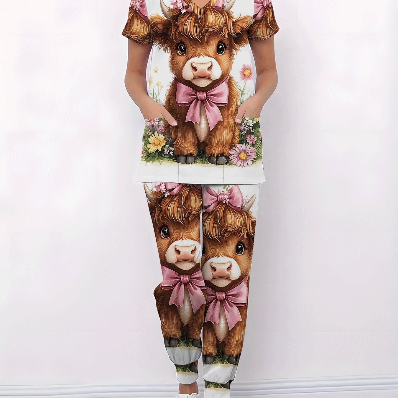 TEMU V-neck T-shirt Set With Vibrant Printed Design, Top With Pocket. Comfortable And Stretchy Fabric. Short-sleeve Work Uniforms For Barbers, Pet ,