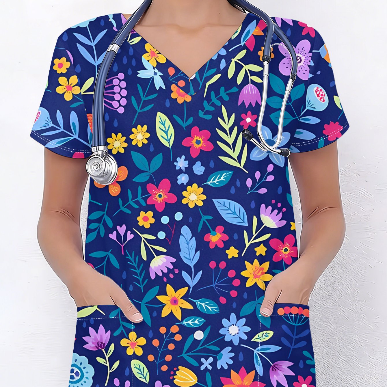 TEMU Women's Short-sleeve Nurse Uniform -neck Full-body Floral Print Blouse Suitable For Uniforms, Nursing Scrubs, Workwear - Comfortable Elastic