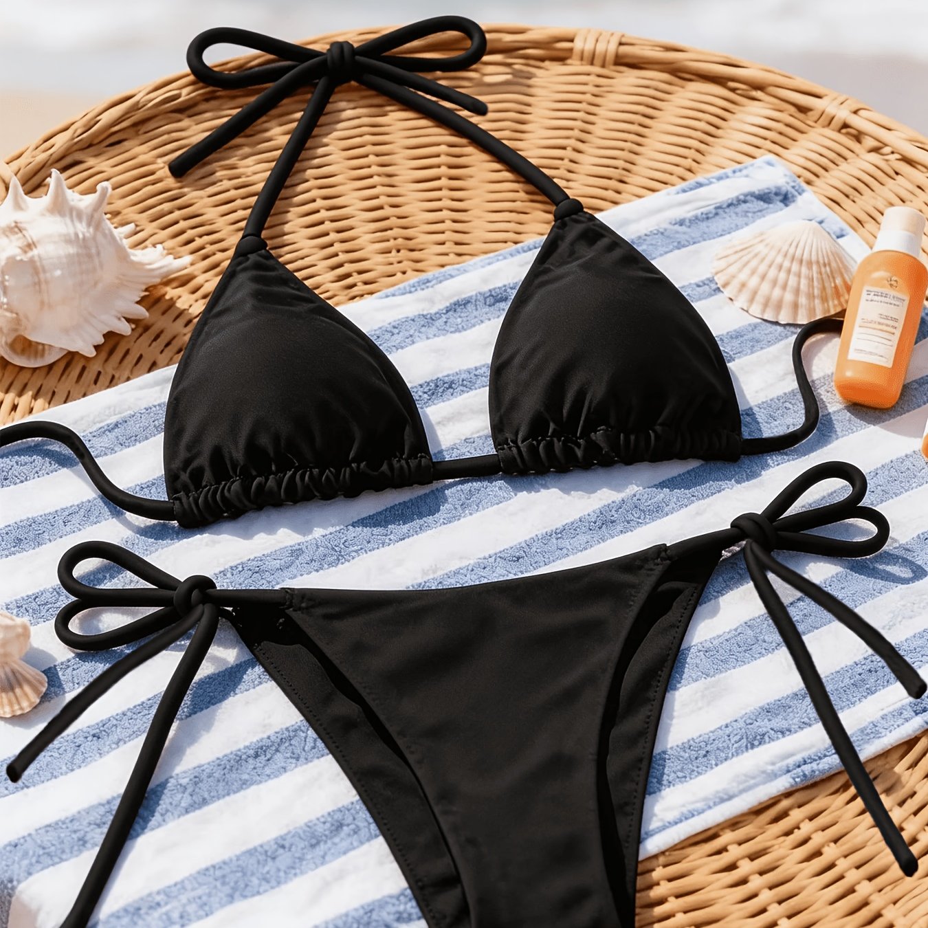 E-shop 2026 Neuer Stil Bademode Urlaub Damen-Bikini-Set mit dünnen Trägern zum Binden, Schwarzes Bikini-Set, Neues exotisches