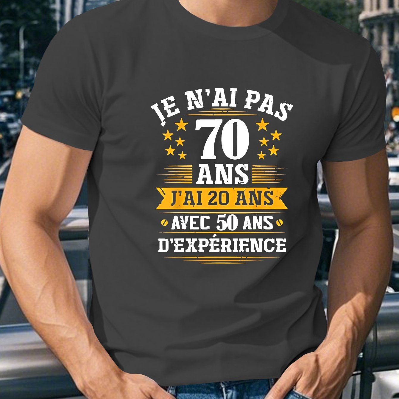 TEMU T-shirt de du 70e anniversaire pour homme - Col rond décontracté, manches courtes, coupe régulière, motif géométrique, haut d'été avec graphisme