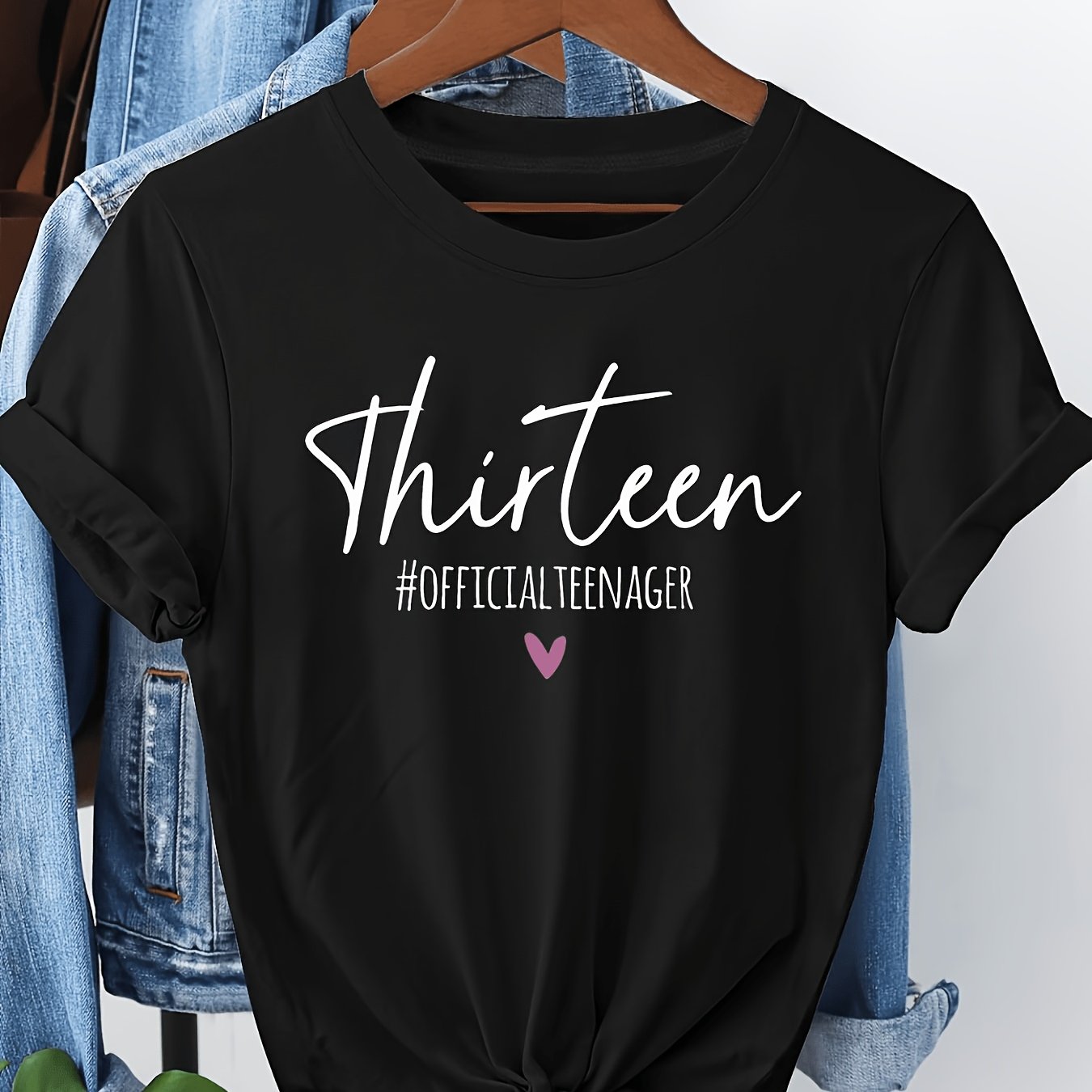 TEMU Thirteen #OFFICIALTEENAGER Grafikdruck Damen T-Shirt mit Rundhalsausschnitt und kurzen Ärmeln für Frühling und Sommer, für Freizeitaktivitäten,