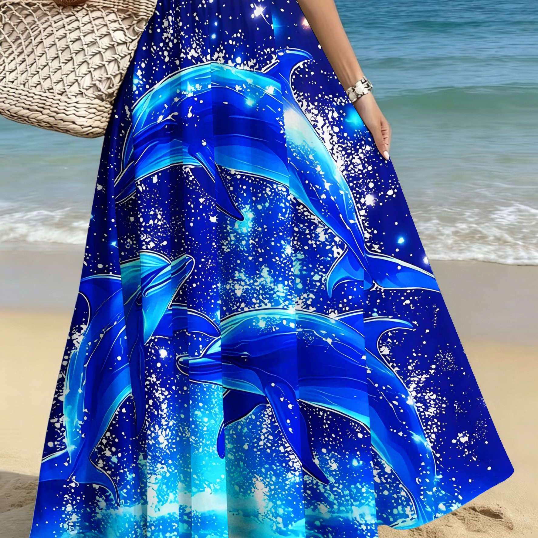 TEMU Plus-size Women's Elegant And Stylish Midi Skirt, Casual Printed Midi Dress, Starry Leaping Print, Skirt For