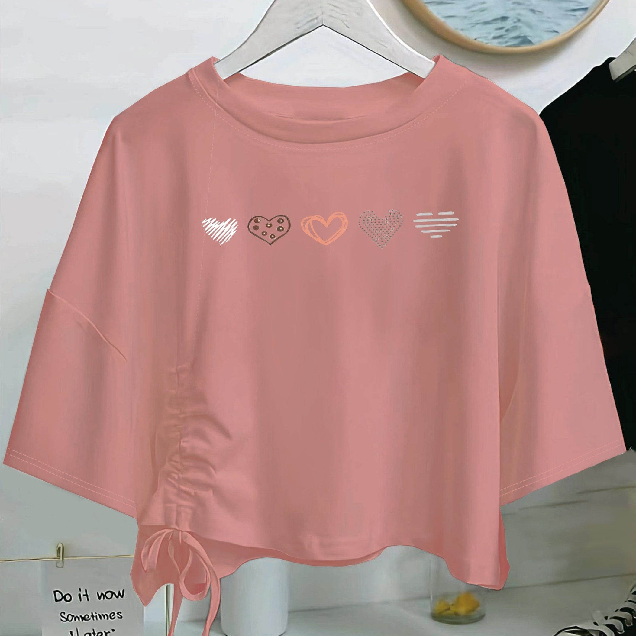 TEMU 1pc New -shaped Graphic Drawstring Short Round Neck T-shirt
