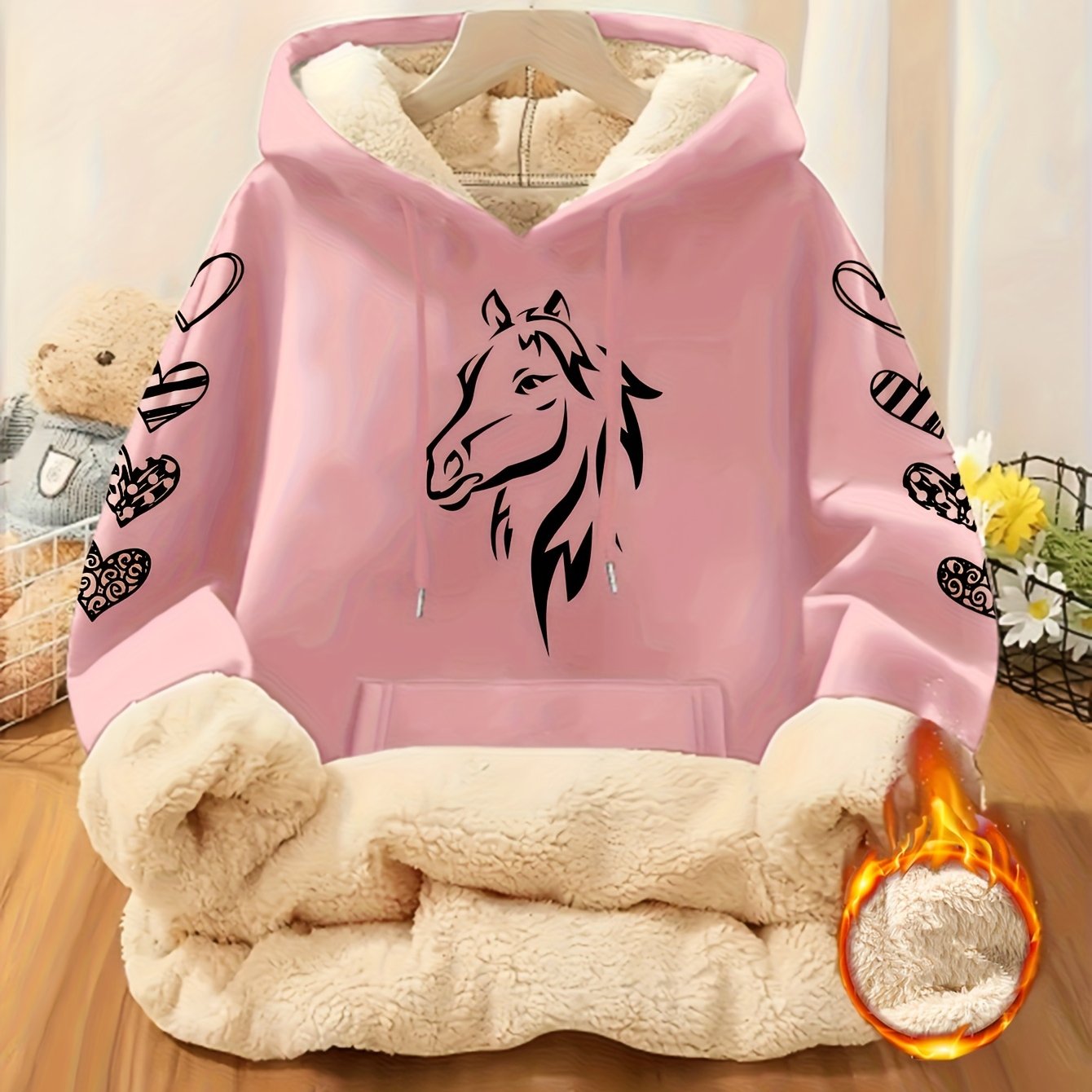 TEMU A Featuring A With Prints, This Comfortable And Skin-friendly Fleece-lined Hoodie Is Perfect For Casual Wear, Designed For Women