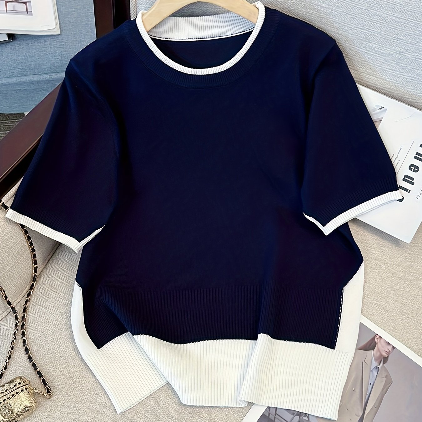E-shop Color-Block Fake Zweiteiliger Pullover Damen Sommer Dünnes Rundhals Kurzarm T-Shirt Trendy