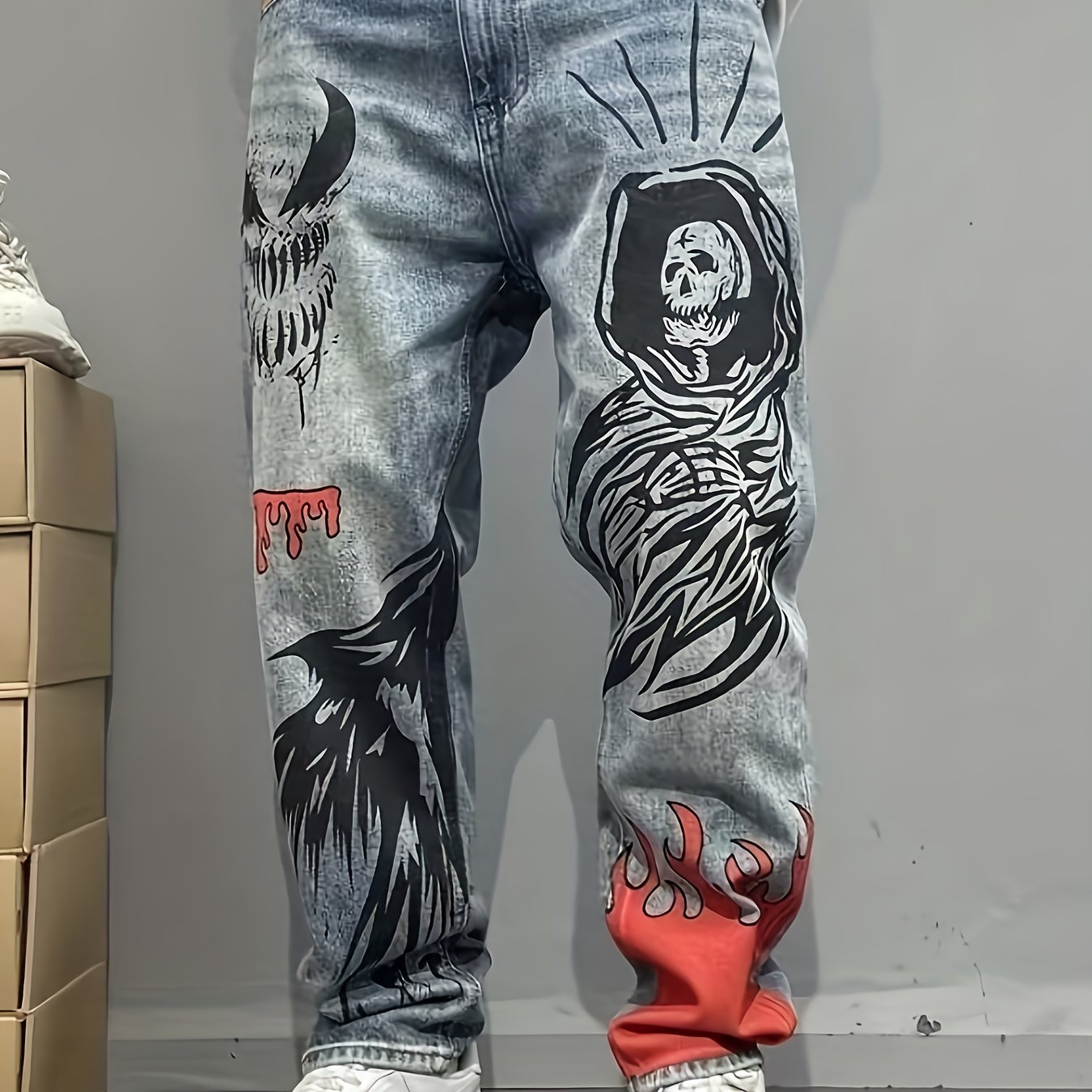 Y2k Vintage Street Graffiti Print Loose Straight-leg Denim Pants
