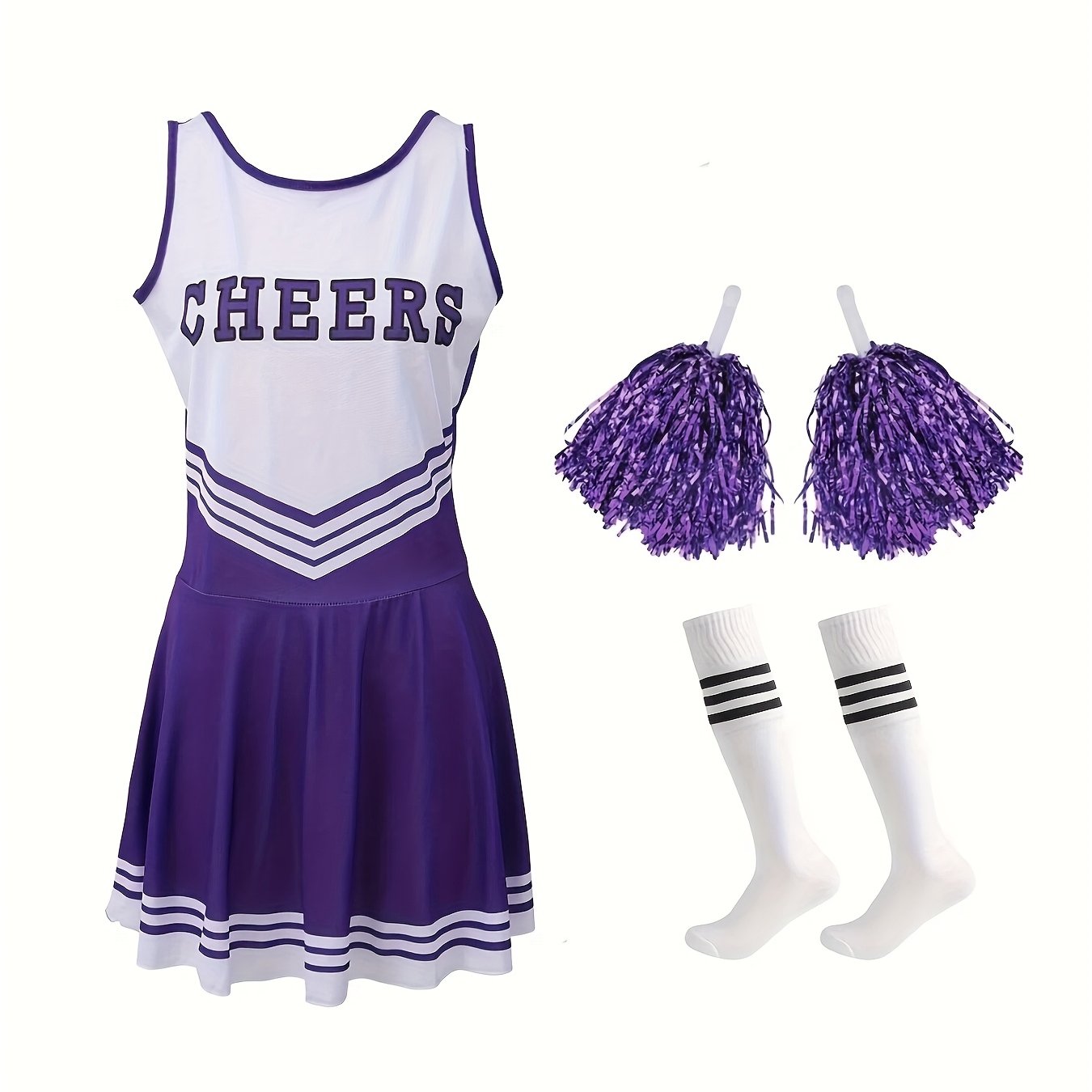 TEMU Women's Cheerleading Dress Set With Cheer Pompoms And Socks, Adult Cheer Uniform Outfit Ideal For Musical Party, Halloween Party, Sports And
