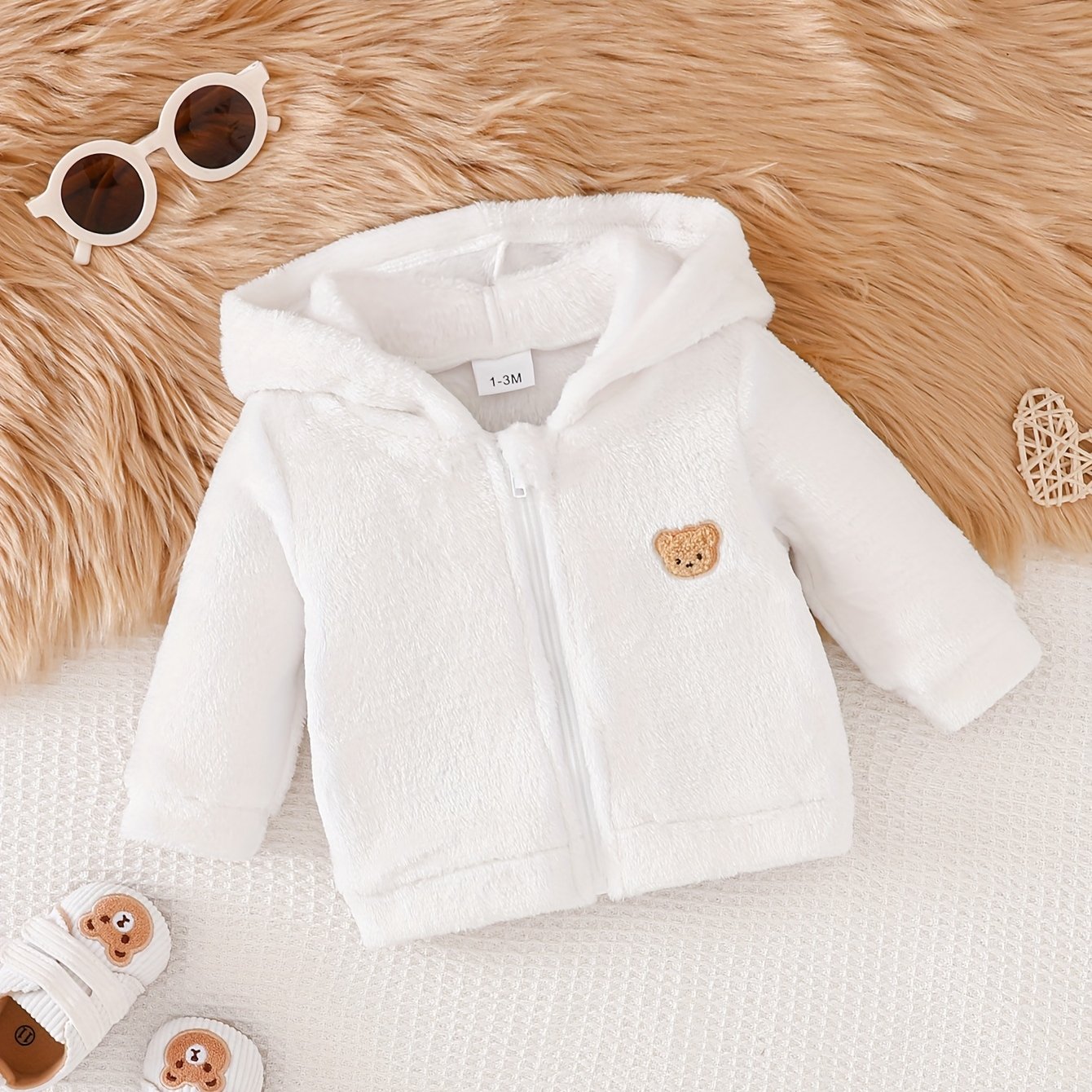 Image of 1pc Baby Clothing Teddy Bear Patch Hooded Long Sleeve Fleece Jacket Autumn Winter