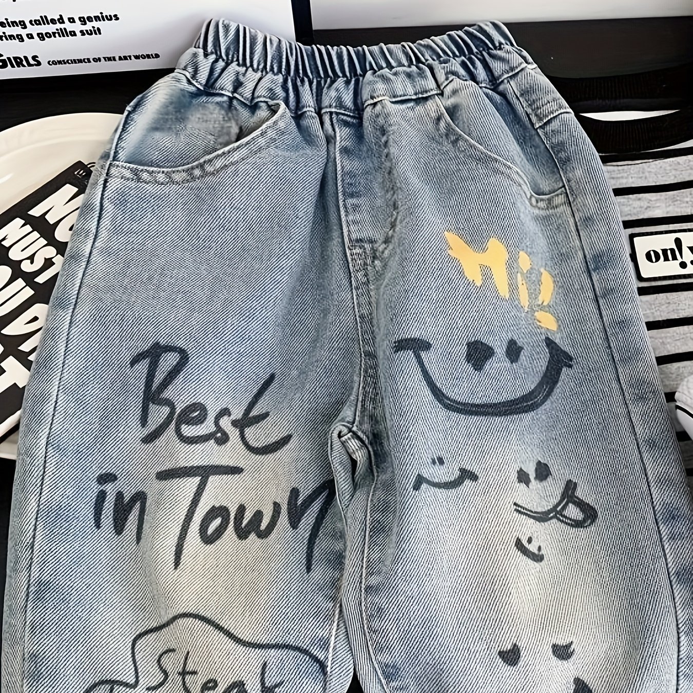 Image of Fashionable Casual Jeans For Children And Toddlers, Kids' Graffiti Long Pants, Boys And Girls Clothes