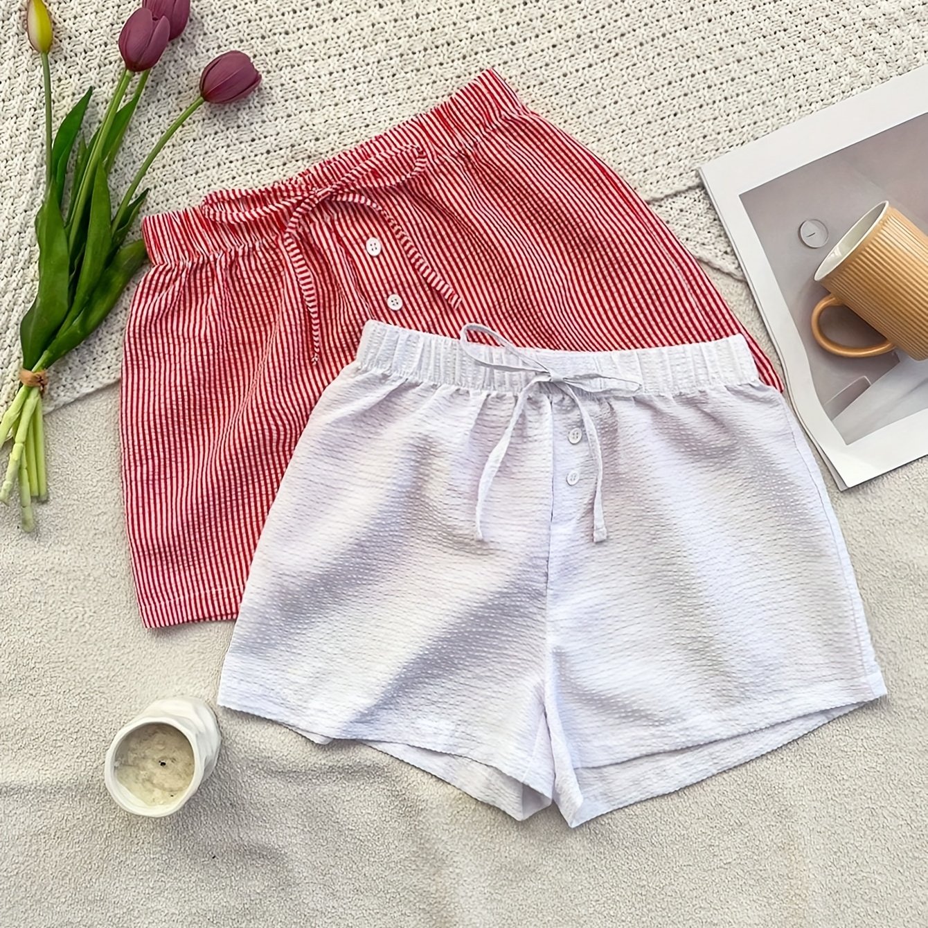 TEMU 2pcs Women's Shorts, Striped & Solid Styles, Comfortable Fabric, Short Design. Spring And Summer, Offering A Relaxed Fit For Light