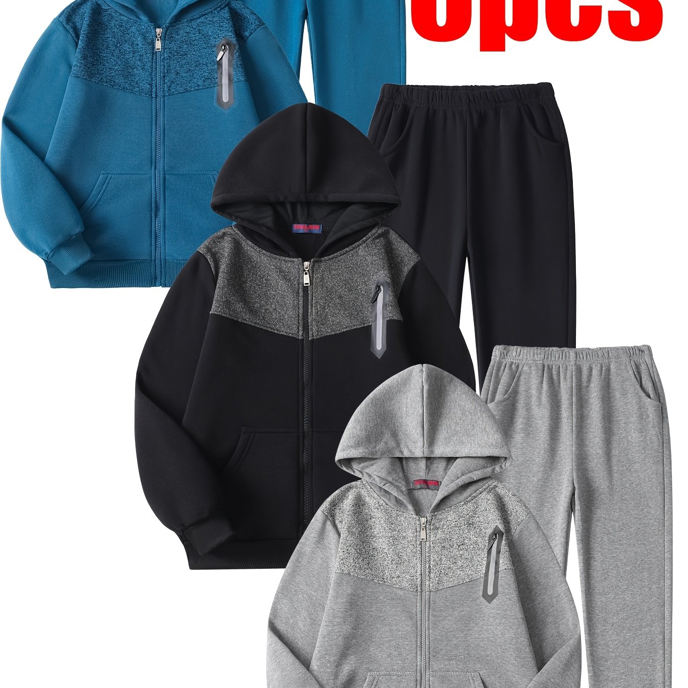 6pcs Of 3 Sets Of New Autumn And Winter Boys' Velvet Thickened Hooded Sweatshirt Cardigan Color-blocking Korean…: retailer-supplied image