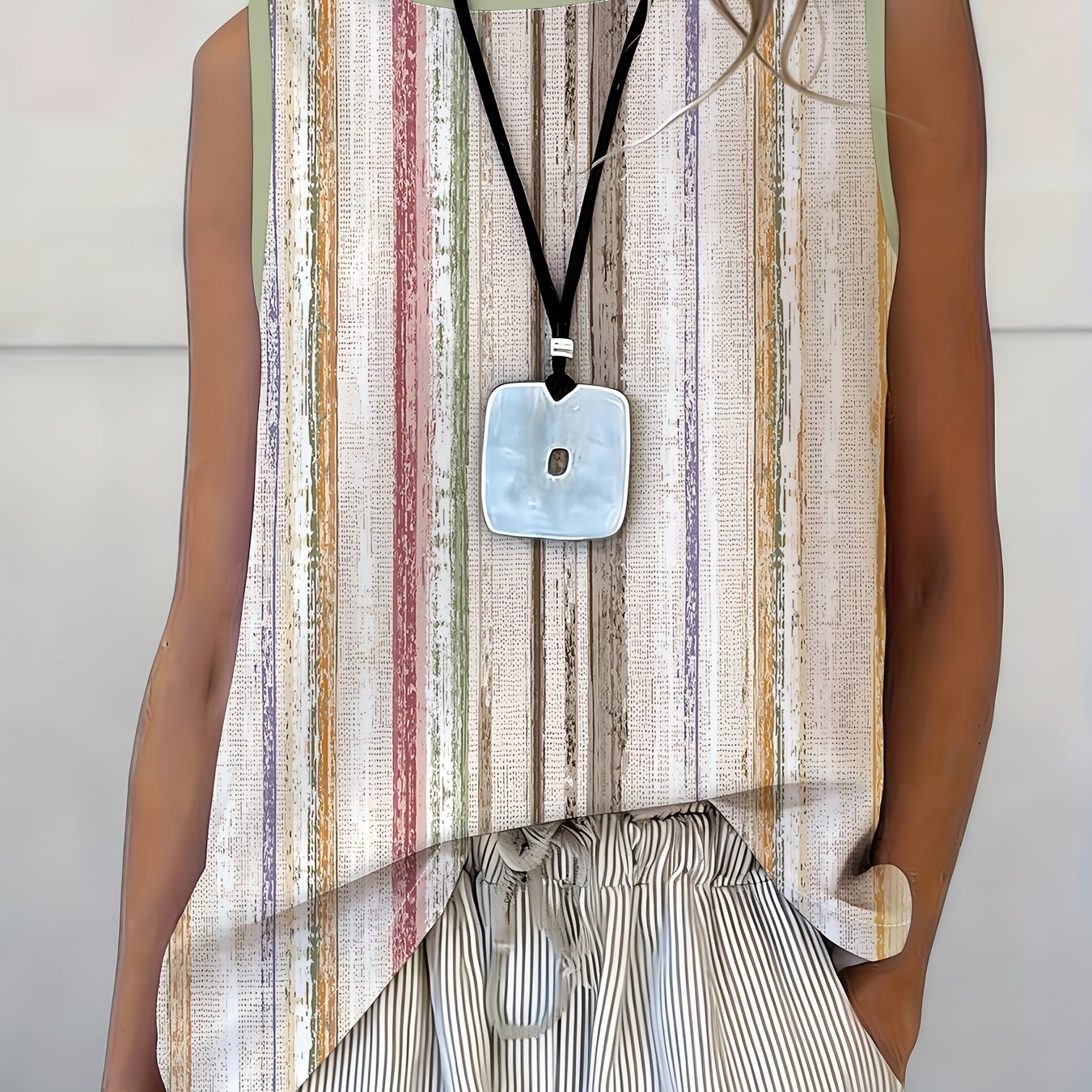 TEMU Women's Striped Sleeveless Vest - Full-body Base Layer Top, Loose Fit Round Neck Blouse-compatible Shirt Suitable For Summer Layering, Machine