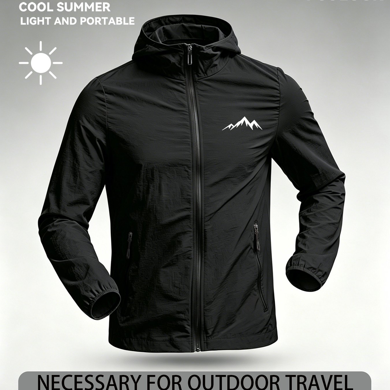 TEMU Minimalist Trendy Style "mountain Silhouette Print" Men's Summer Lightweight Hooded Skin Suit, Casual Outdoor Outing Outfit, Thin Breathable