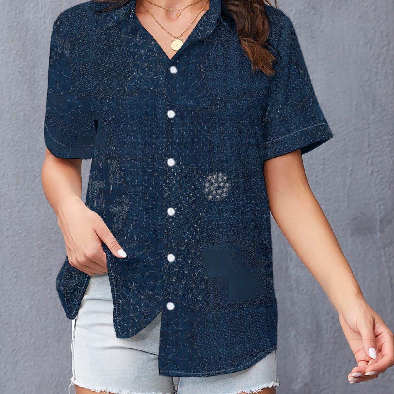 TEMU Versatile Fashion Women's Elegant Casual Short Sleeve Shirt - Dark Blue Texture Decor Pattern, Machine Washable Women's Top, Trendy Button-up