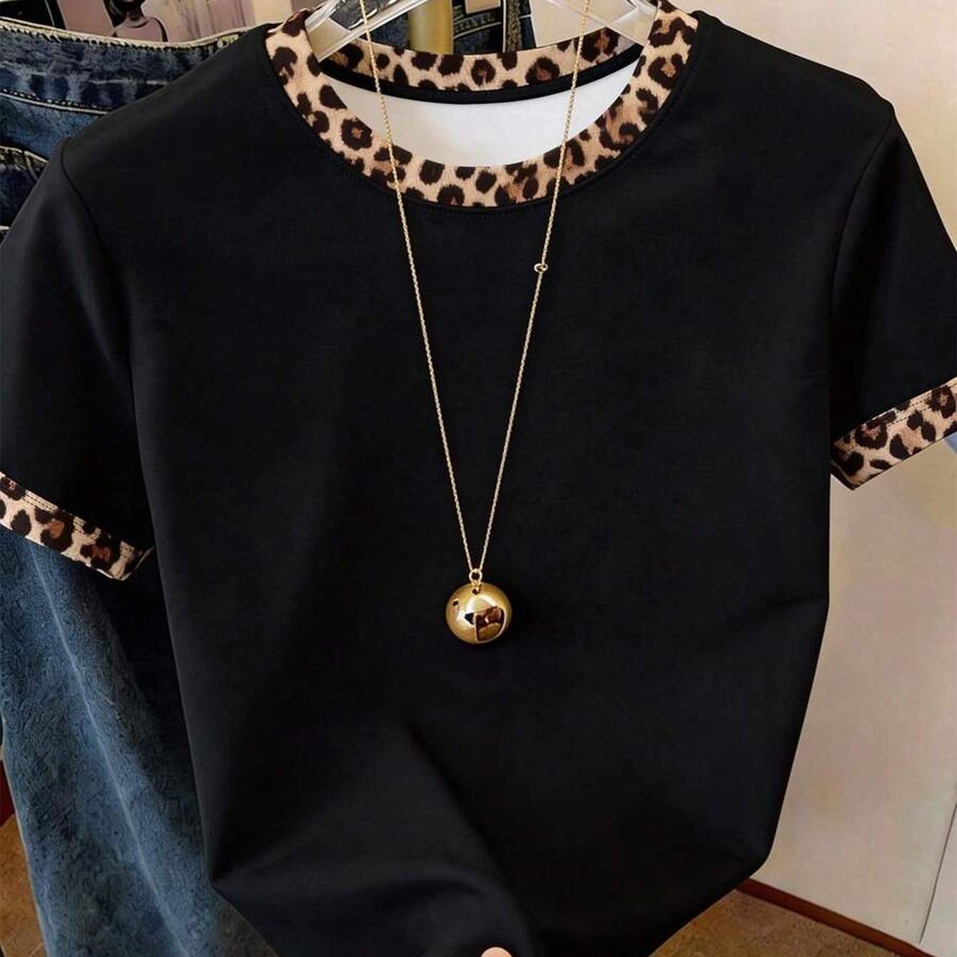 TEMU Plus Size, Women's European And Leopard Block Round Neck T-shirt, Summer Loose Fit Versatile Casual Tee
