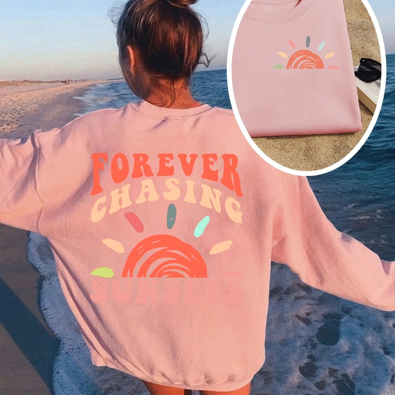 Girls' Fashion " The Sun" Printed Crewneck Sweatshirt, Double-sided Print, Suitable As A Birthday Gift, Girls' And Boys' Daily Outdoor Crewneck Sweatshirt, Girls' And Boys' Sport Crewneck Sweatshirt