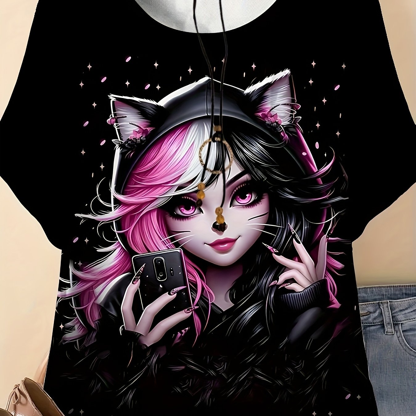 Image of Plus Size - Plus Size - Plus Size Women's Black Anime 3d Printed T-shirt - Cute Cat Ear Headband And , Loose-fitting Short-sleeve Round-neck Casual Top, Machine Washable Vintage Shirt, Anime Shirt