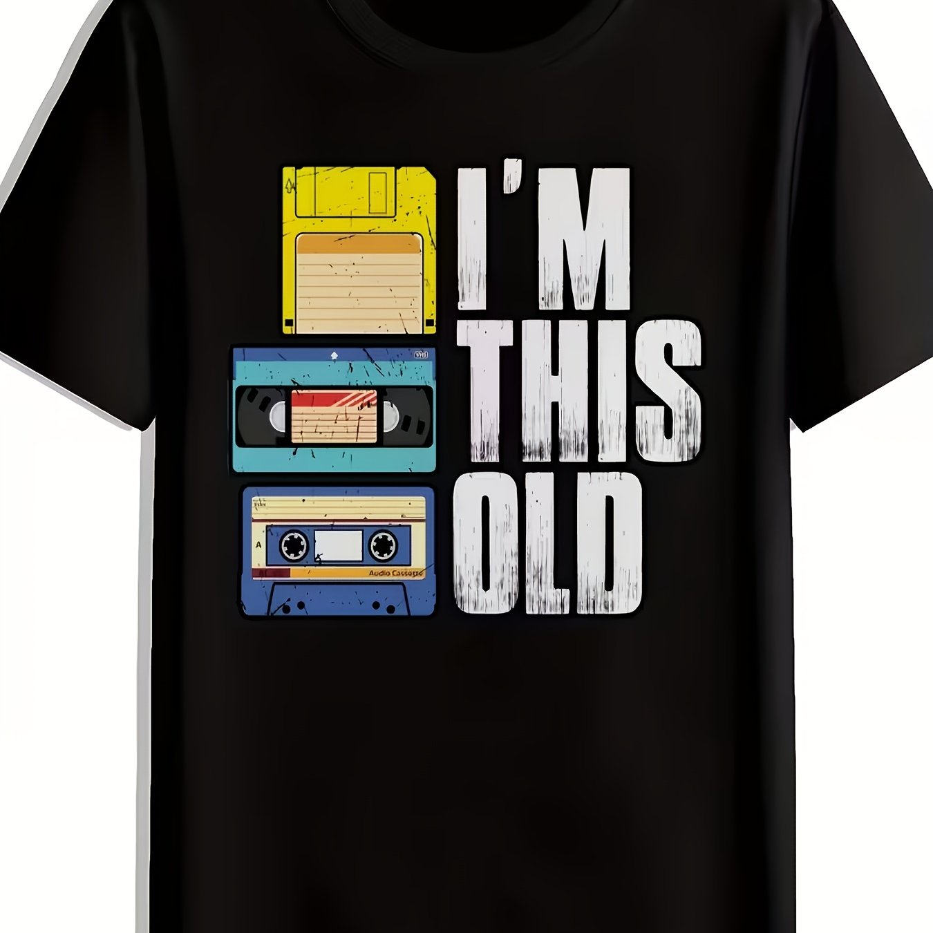 TEMU Men's Retro " Old" Cassette Tape Pattern T-shirt - Black Vintage Music Tee With White Print, Breathable Summer Casual Crew Neck Top, Machine