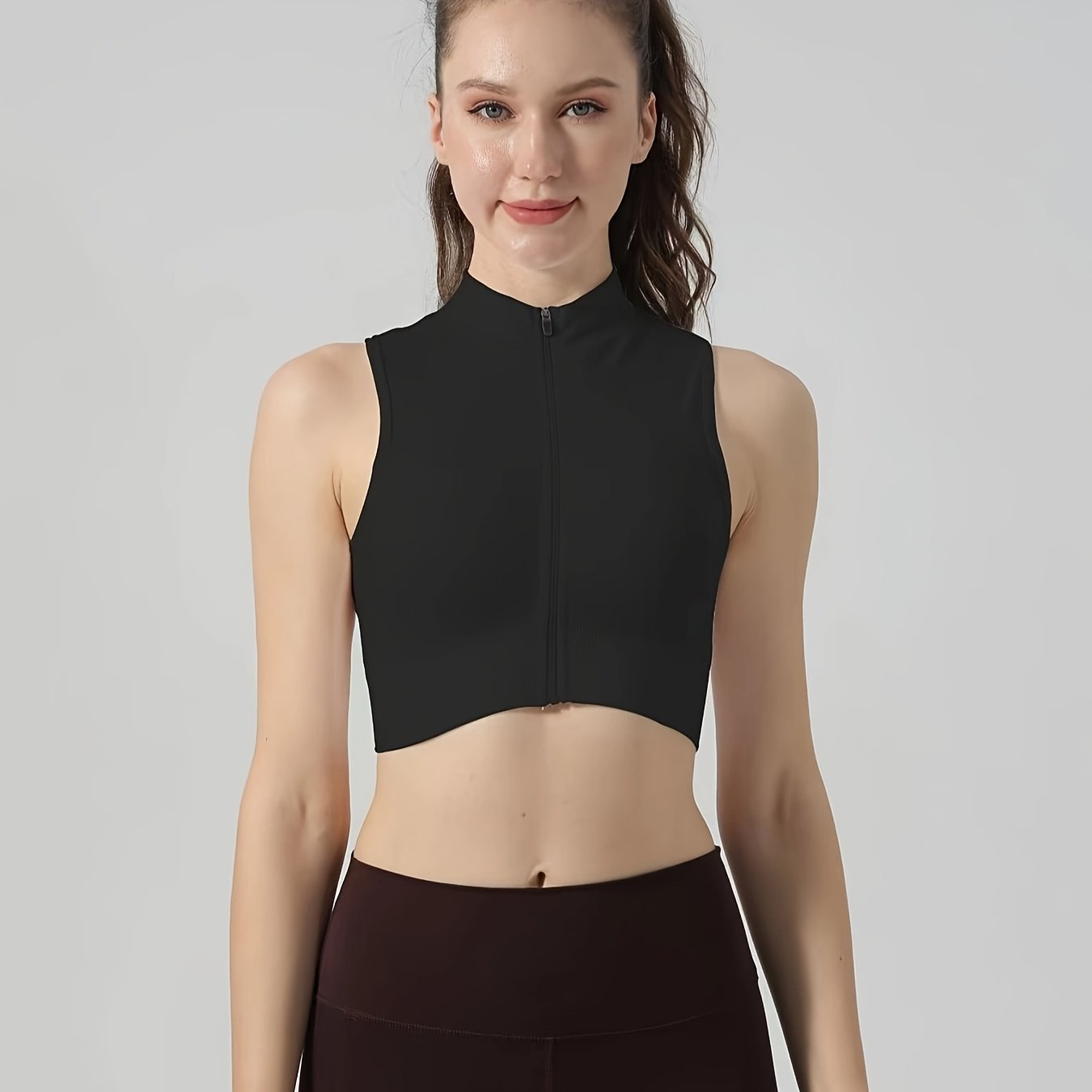 TEMU Quick-drying Zipper Yoga Sports Top, Fashion Mock Neck Sleeveless Slim Fitted Top, Women's Activewear