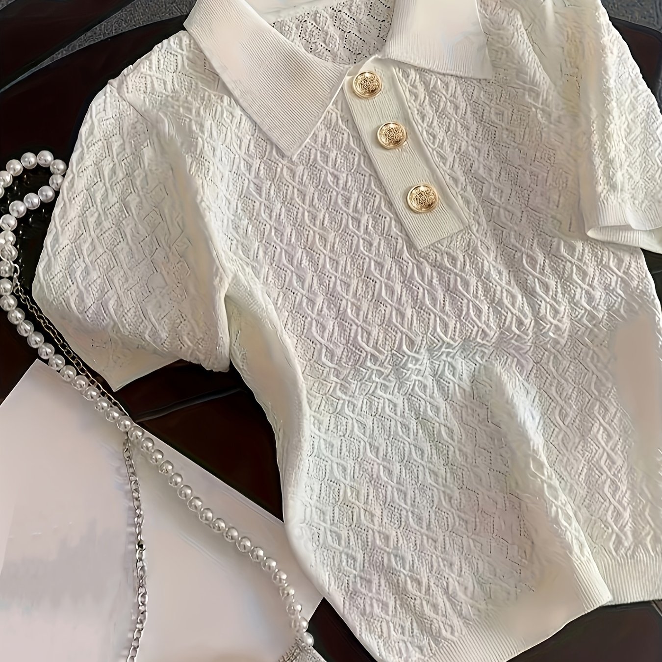 Image of French High- Shirt Women's Summer Chic Thin Unique Jacquard Short Sleeve Loose T-shirt Women's Top