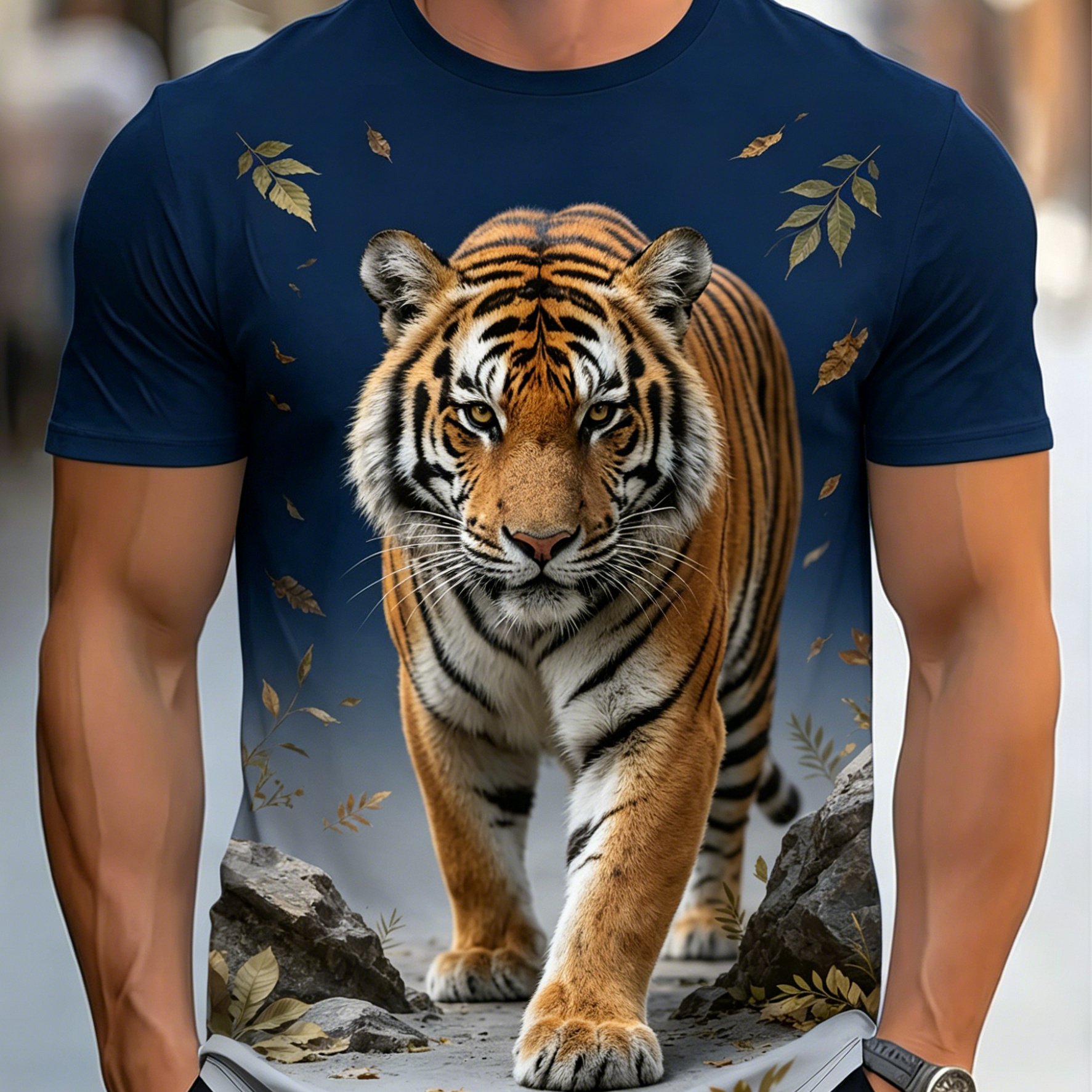 TEMU Men's Realistic Tiger & Fallen Leaves Print T-shirt - Plus Size Xl Loose Neck Short Sleeve Top With Full-body Tiger, Casual Athletic Summer