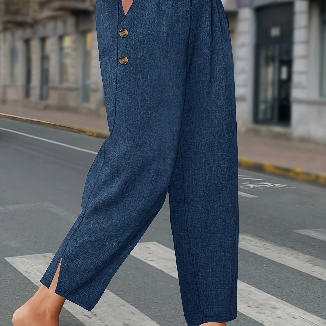 TEMU Plus Size - Plus Size - Extended Plus Size Women's Clothing Pocket Elastic Waist Decorative Solid Easy Premium Elegant Style Women's Straight