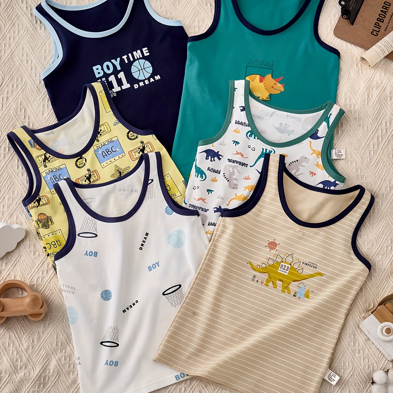 Image of [pc Of 6] Pc Of 6 Boys' Dinosaur Pattern Sleeveless Vest Cool, Lightweight, And Comfortable Suitable For Spring, Summer, Autumn, And Daily Leisure And Outdoor Sports Wear [bzby]