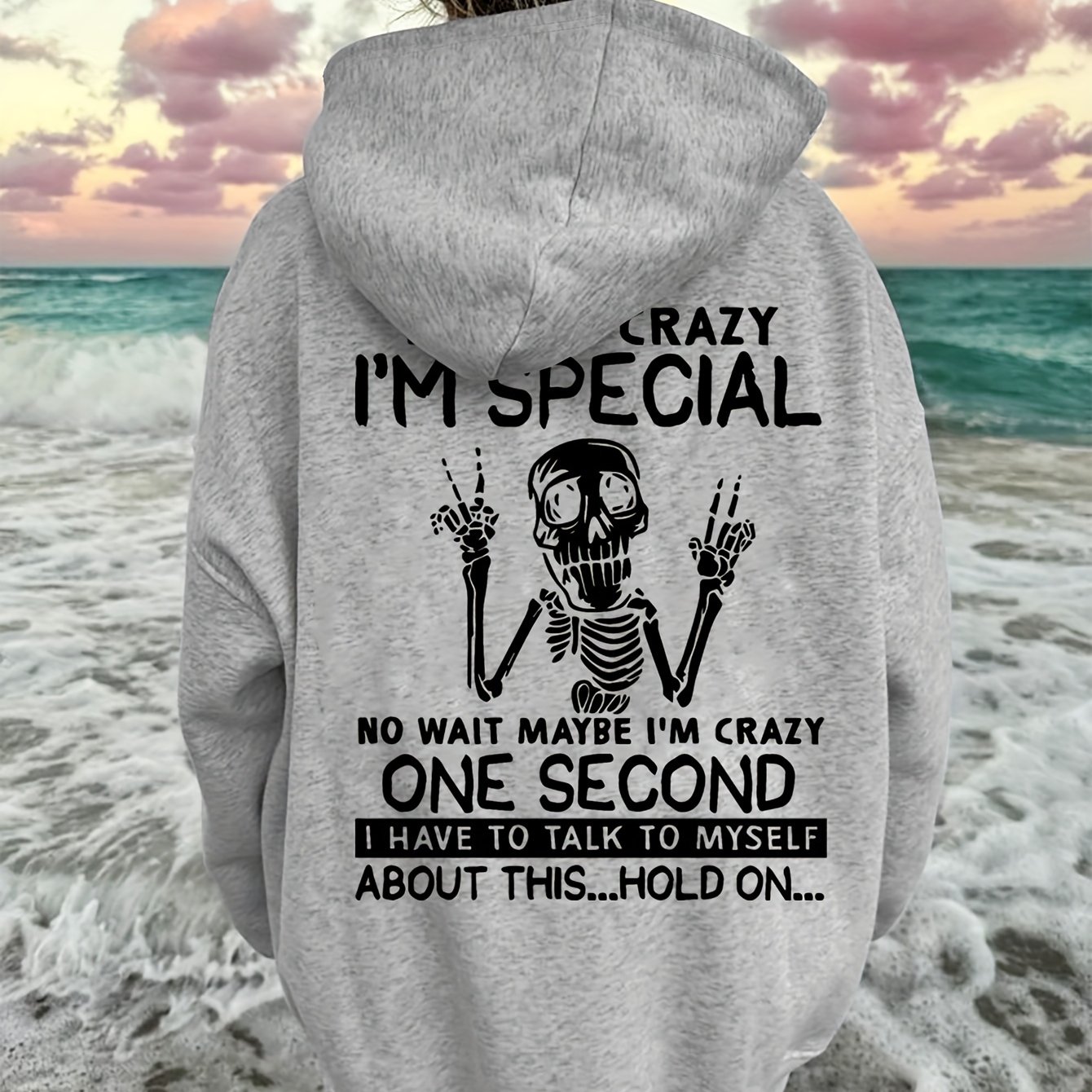 TEMU Women's Casual Hoodie With Skeleton & Letter Print - Cozy Polyester Pullover, Drawstring, Pockets | Fall/winter, Leisure Style, Autumn/winter